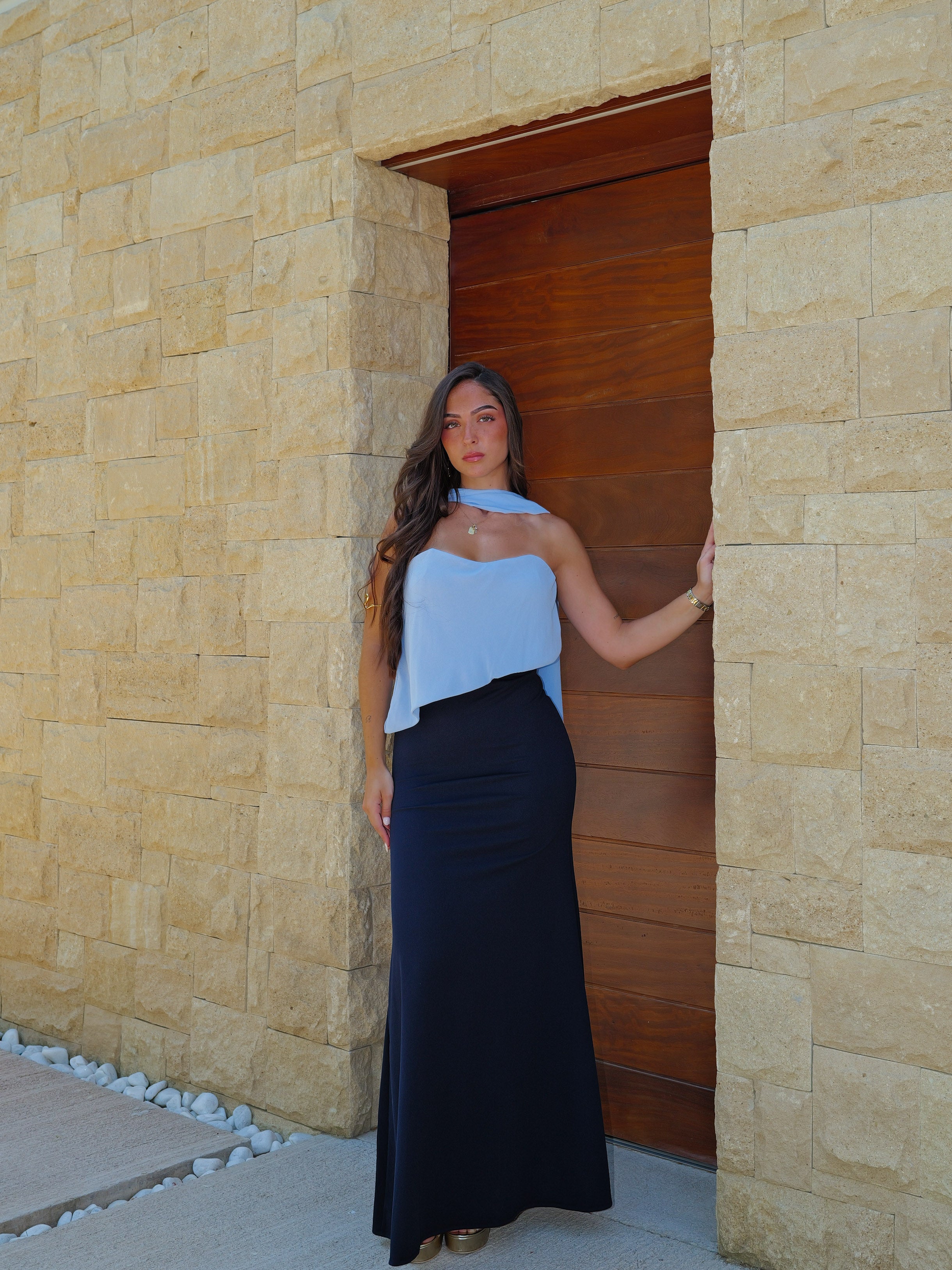 Vestido palabra gasa asim bicolor marino