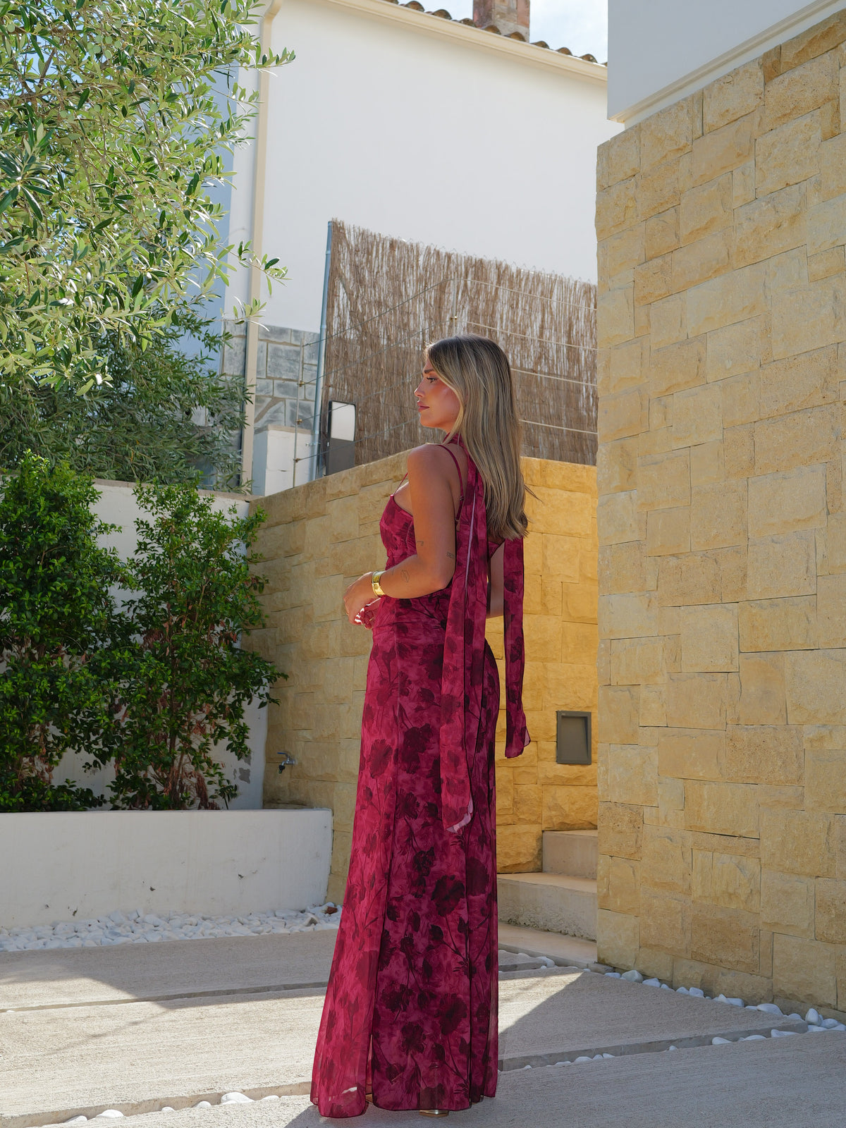 Burgundy-print georgette dress