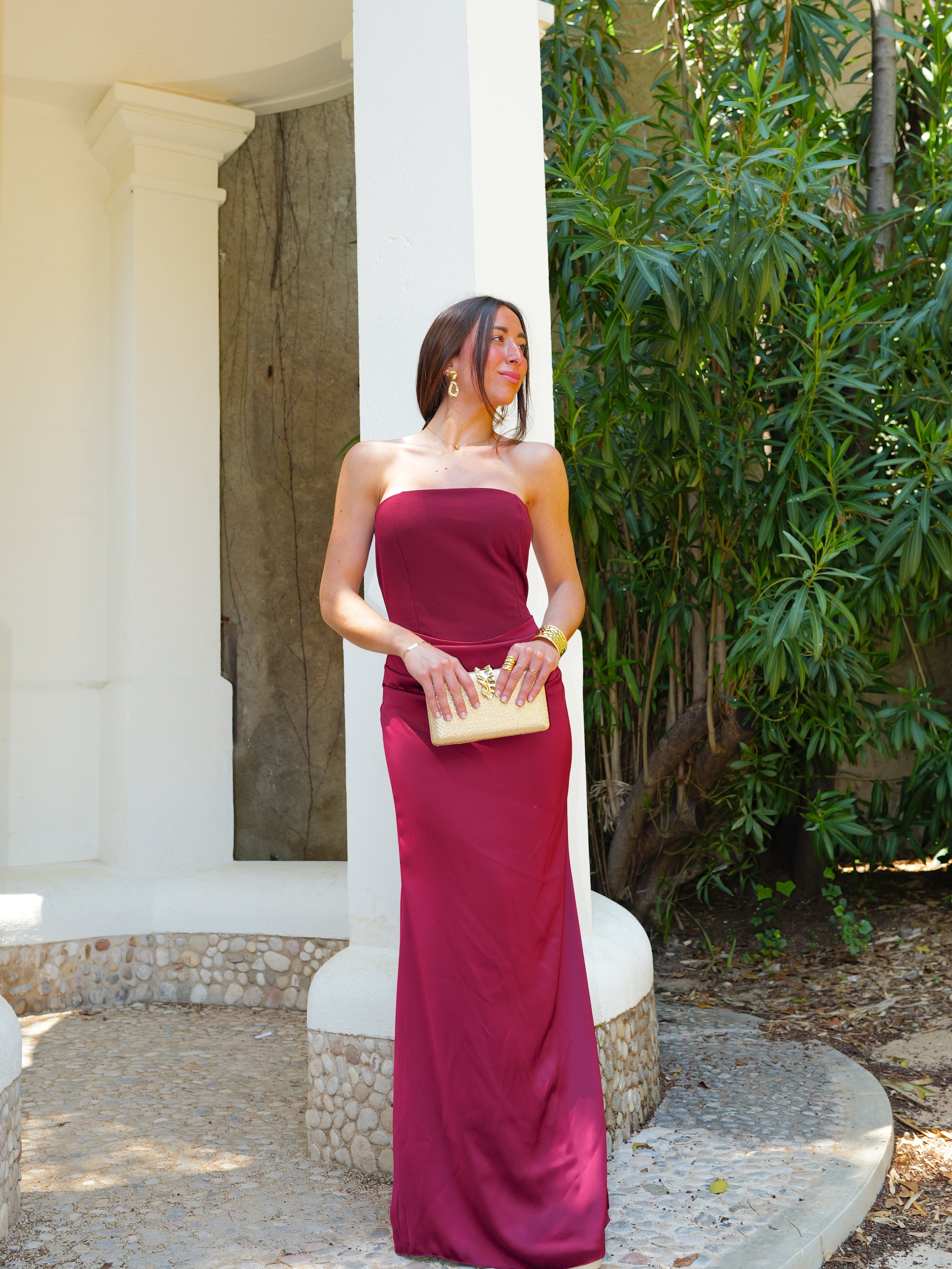 Vestido palabra ajustado raso burdeos