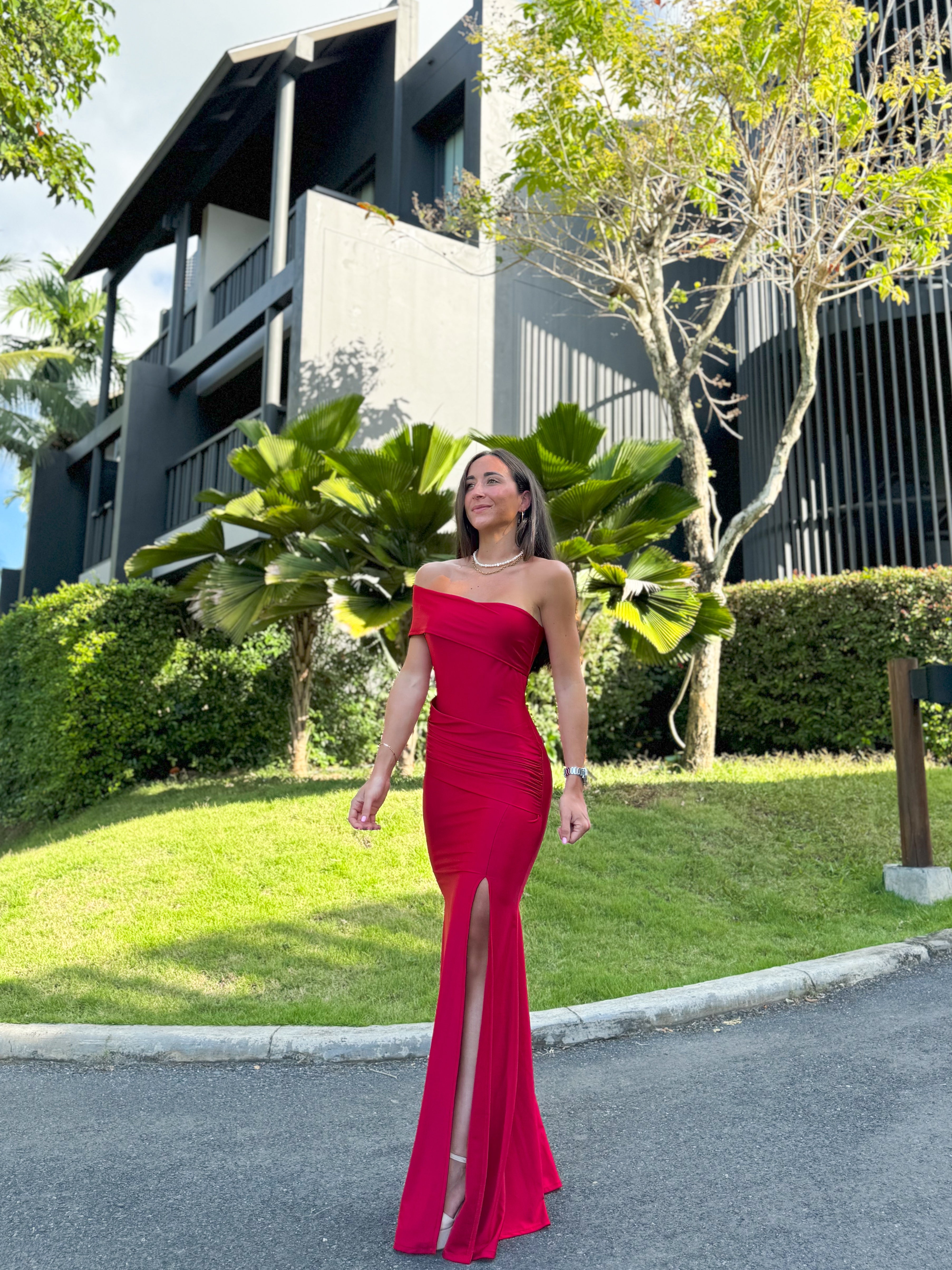 Vestido barco asimétrico rojo