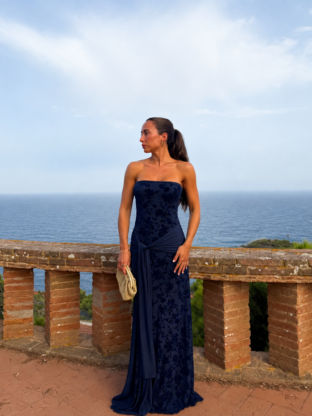 PREVENDITA - Abito in tulle con fiori color blu marino