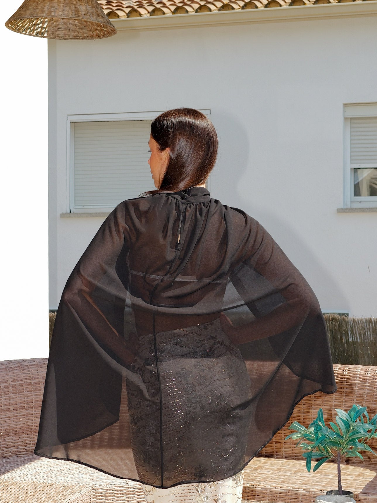 Long black button gauze cape