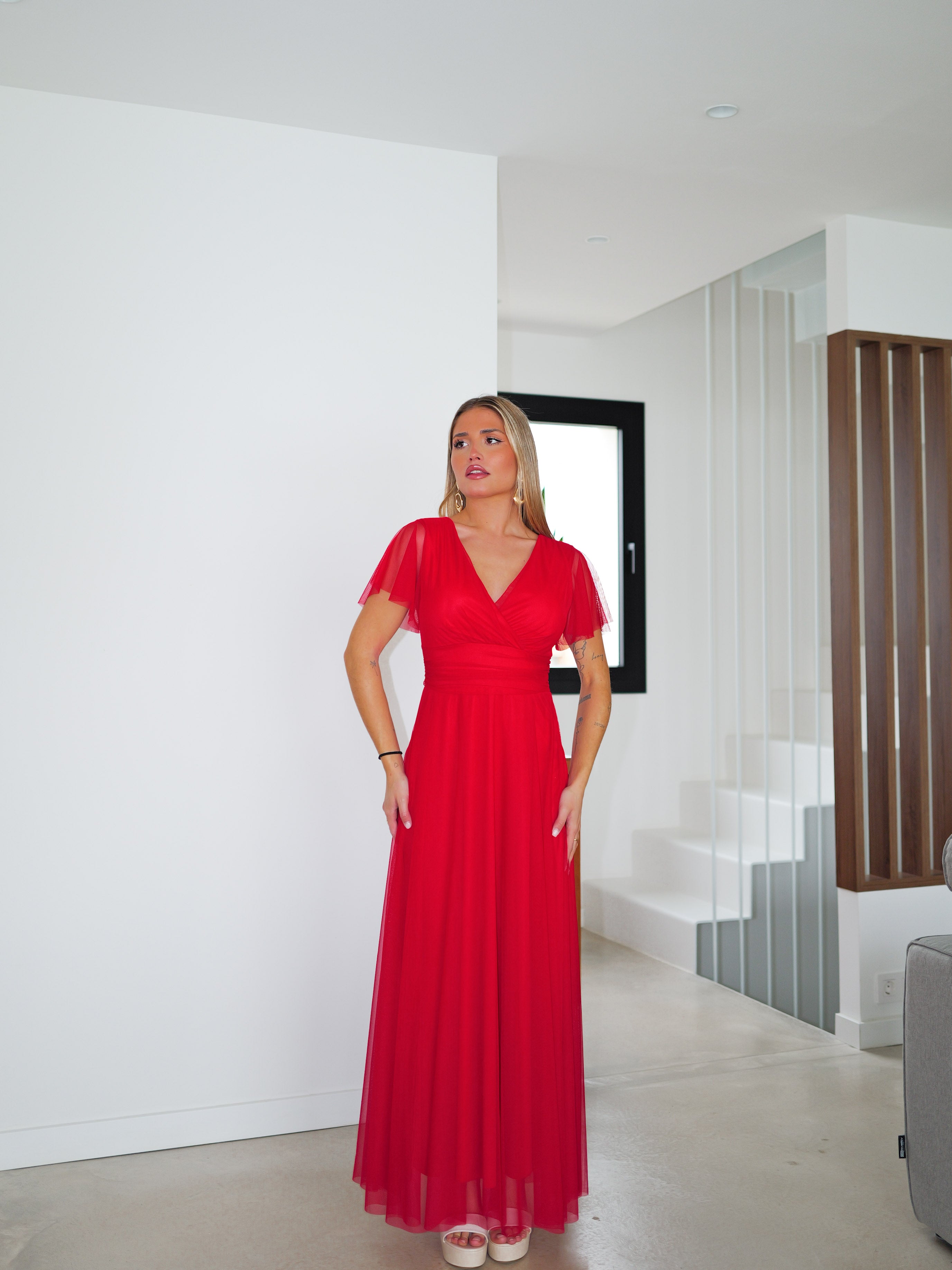 Vestido tulle manga rojo