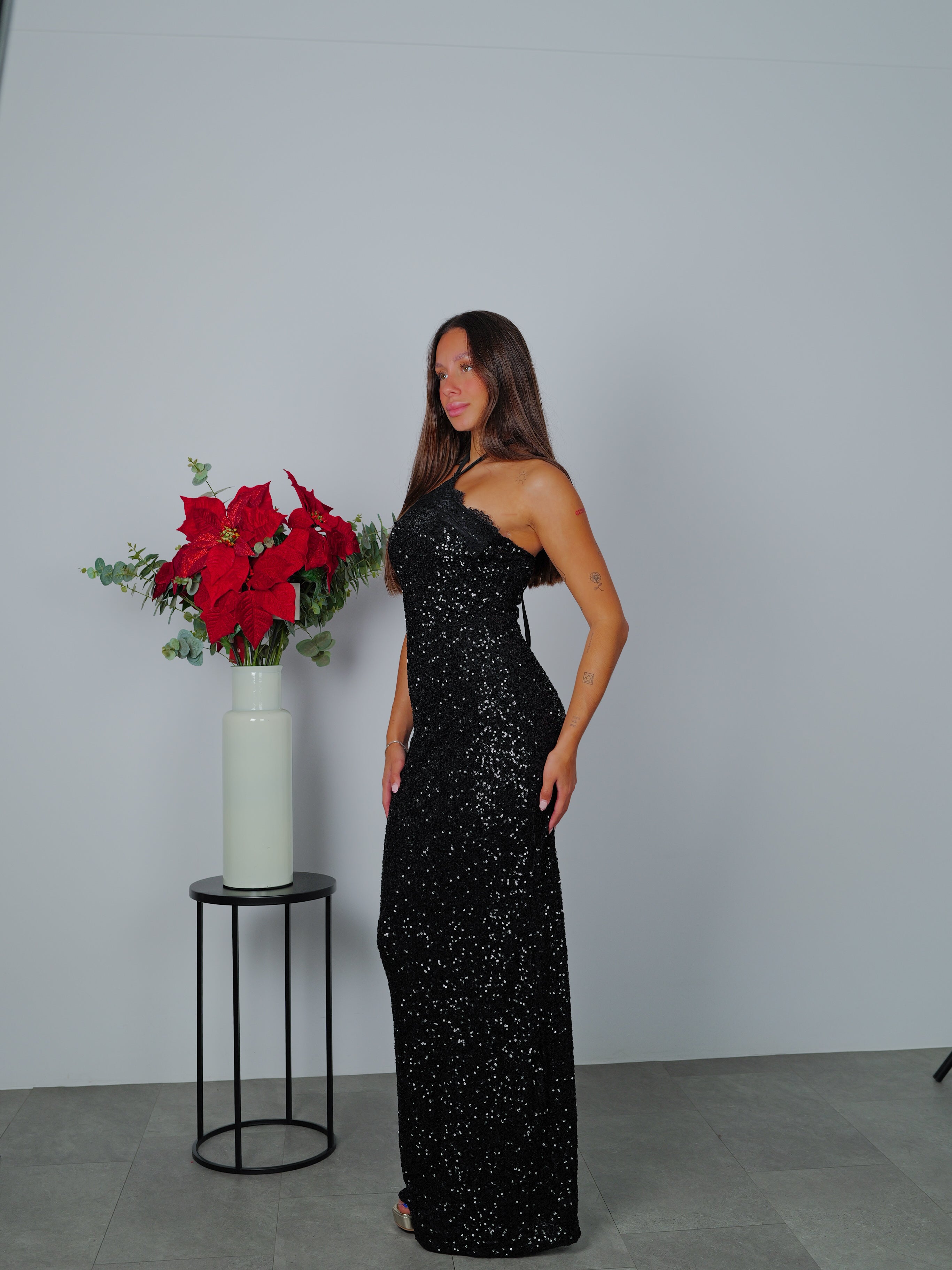 Vestido glitter largo halter negro