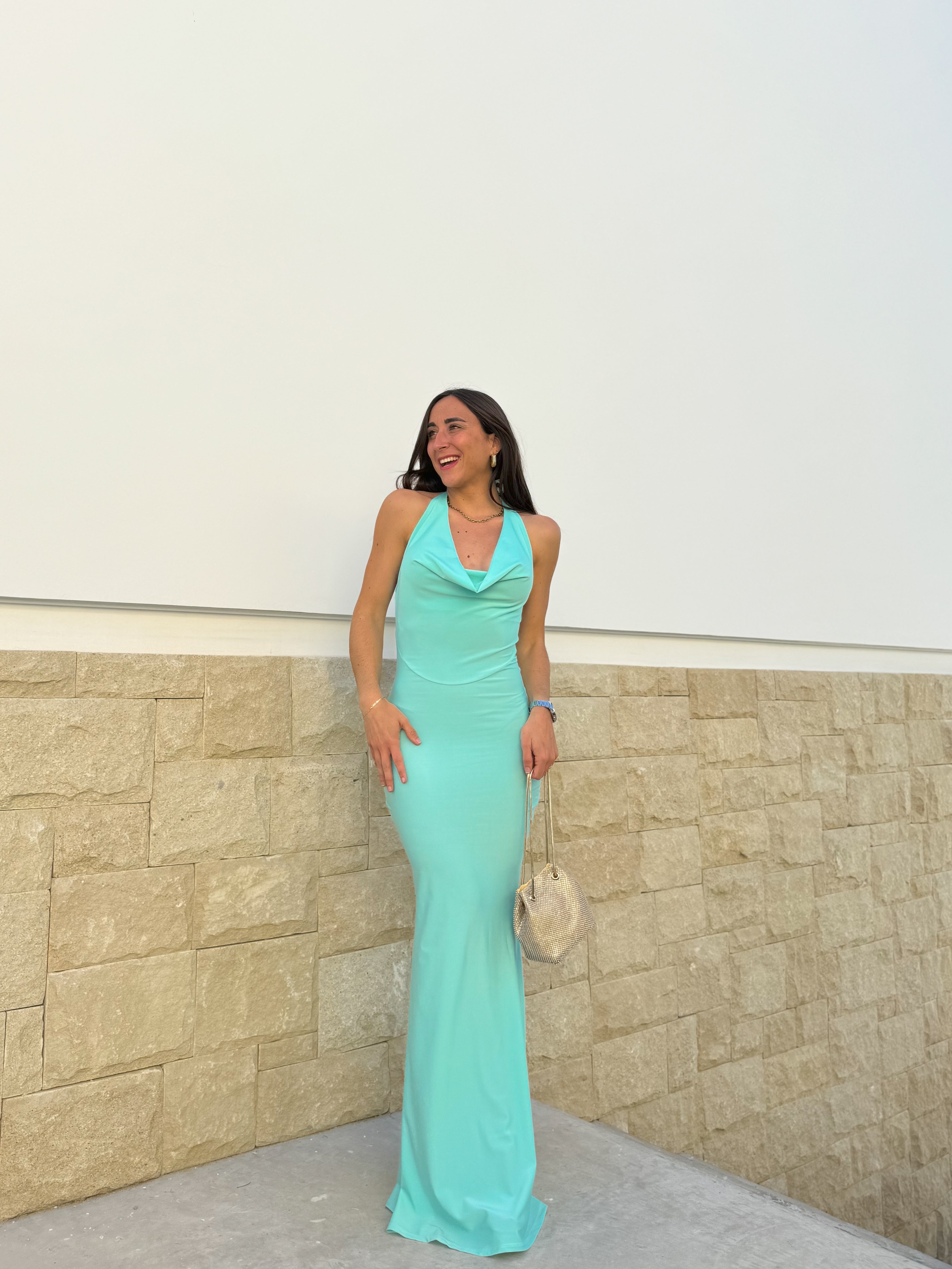 Abito lungo a cascata turchese