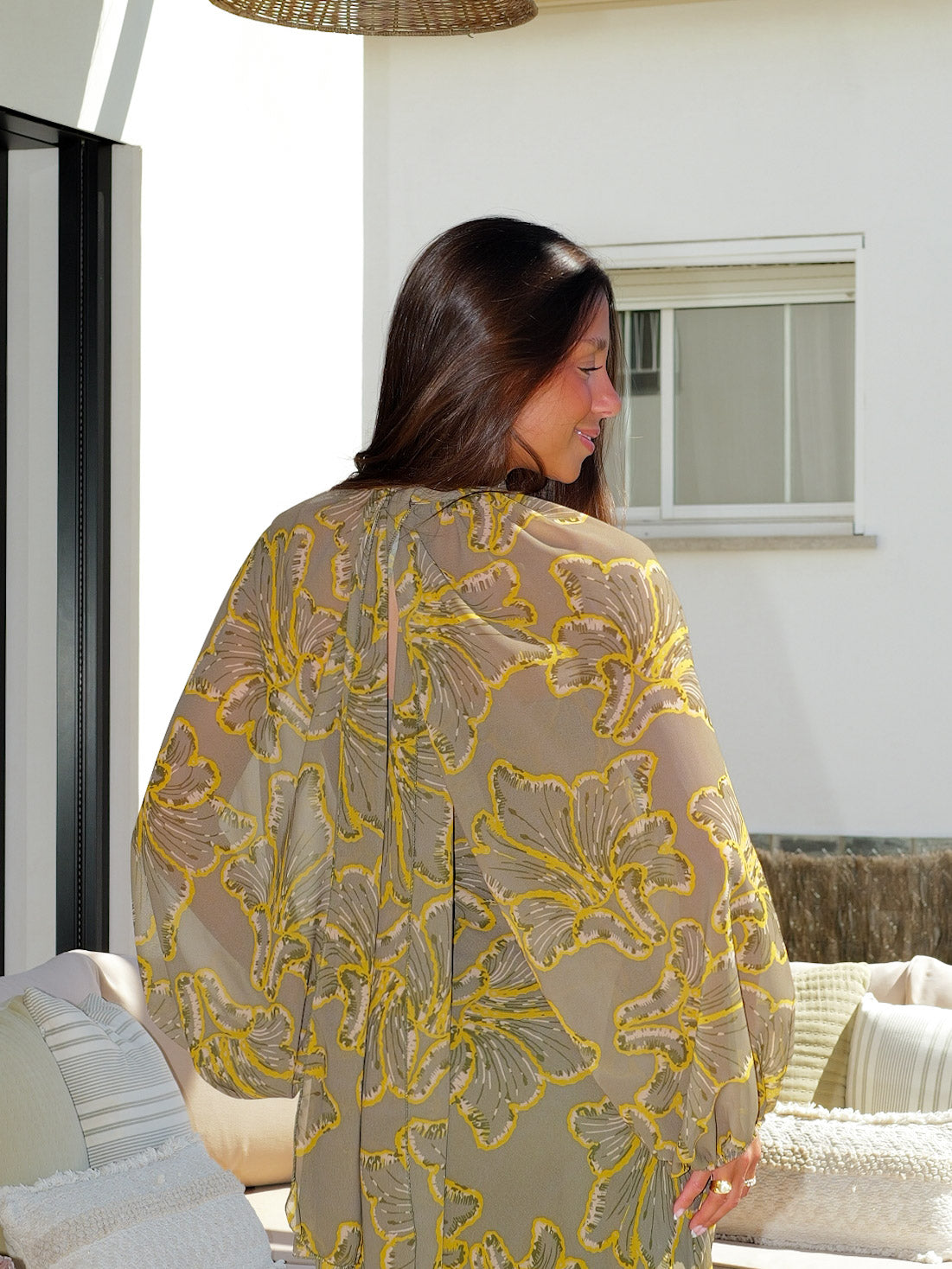 Vestido palabra mangas estampado oliva