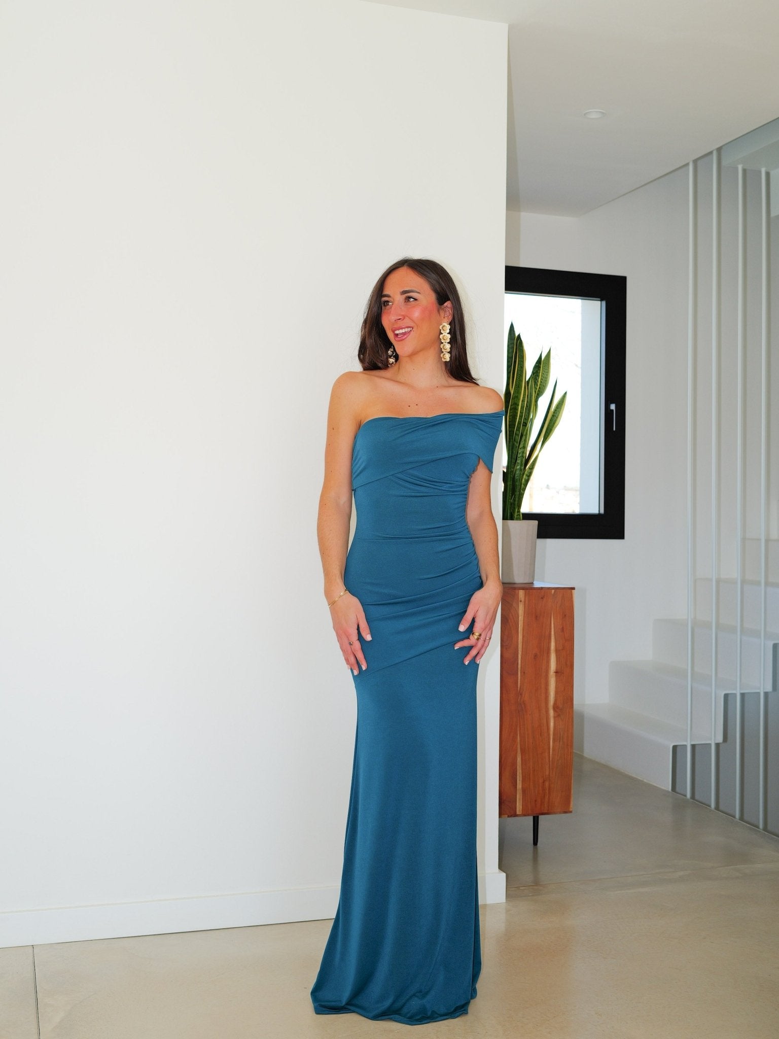 Robe à bretelles asymétriques froncées couleur pétrole - SORELLAS