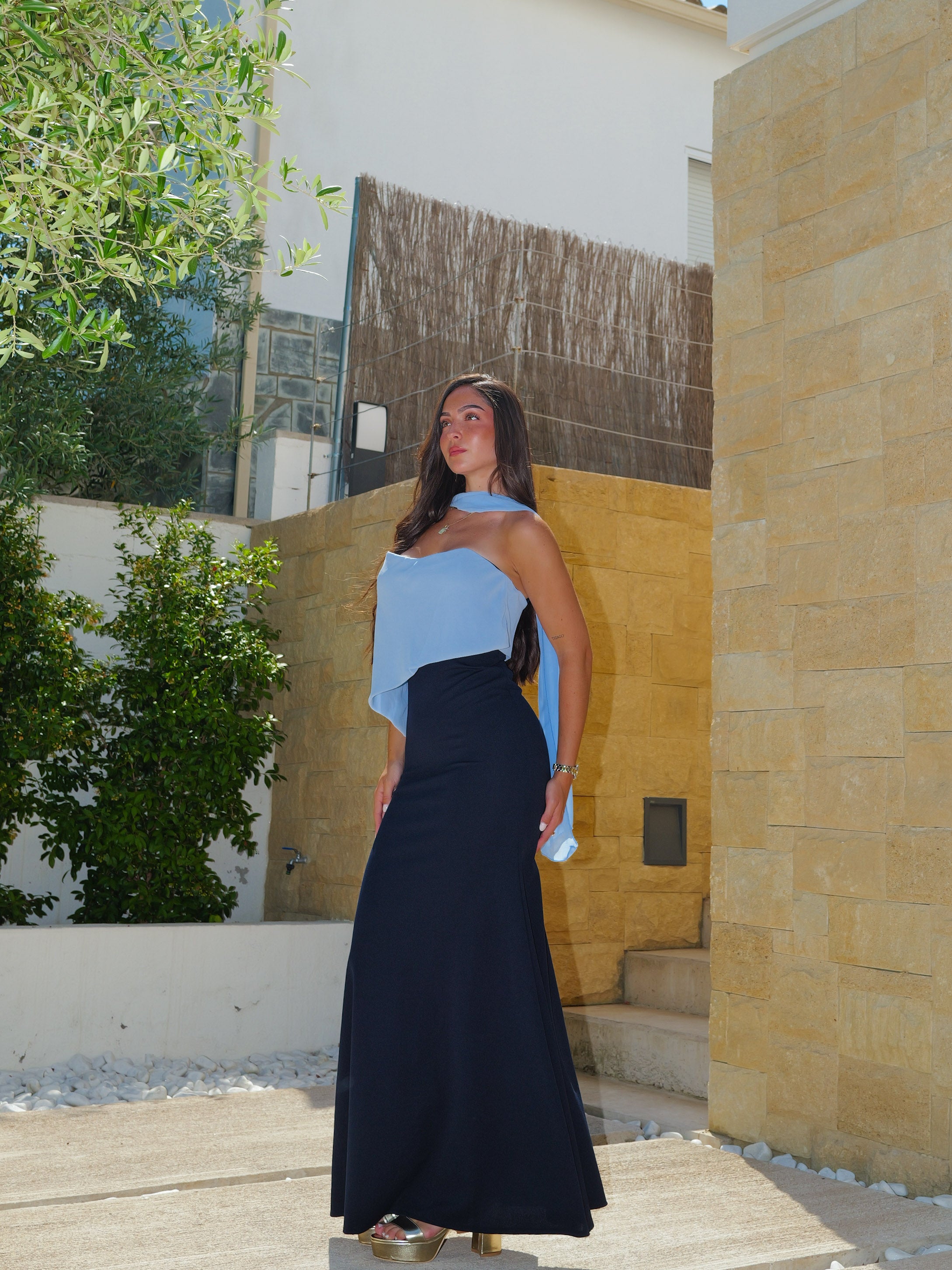 Vestido palabra gasa asim bicolor marino