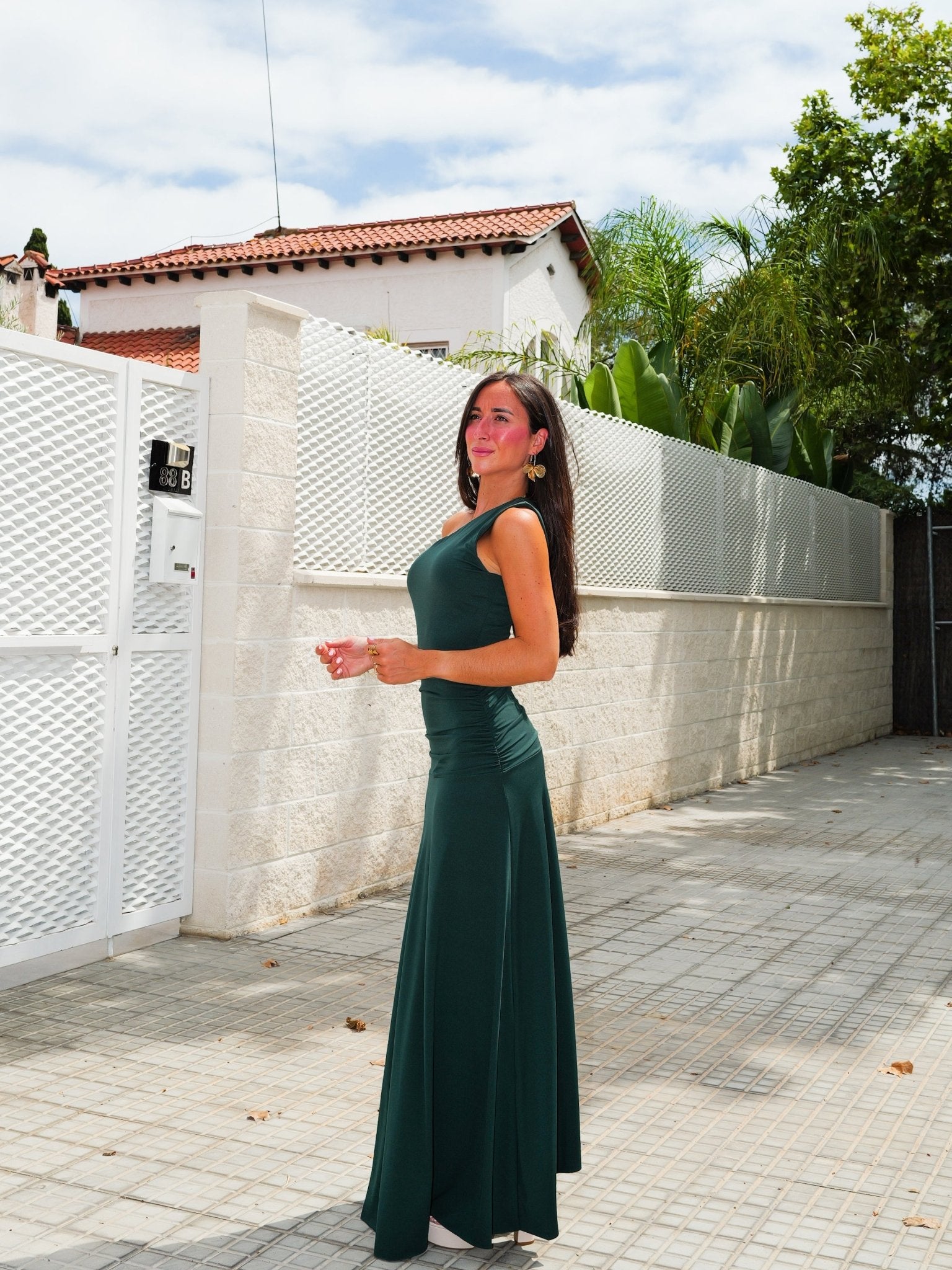 Robe asymétrique à manches bandeau couleur bouteille - SORELLAS