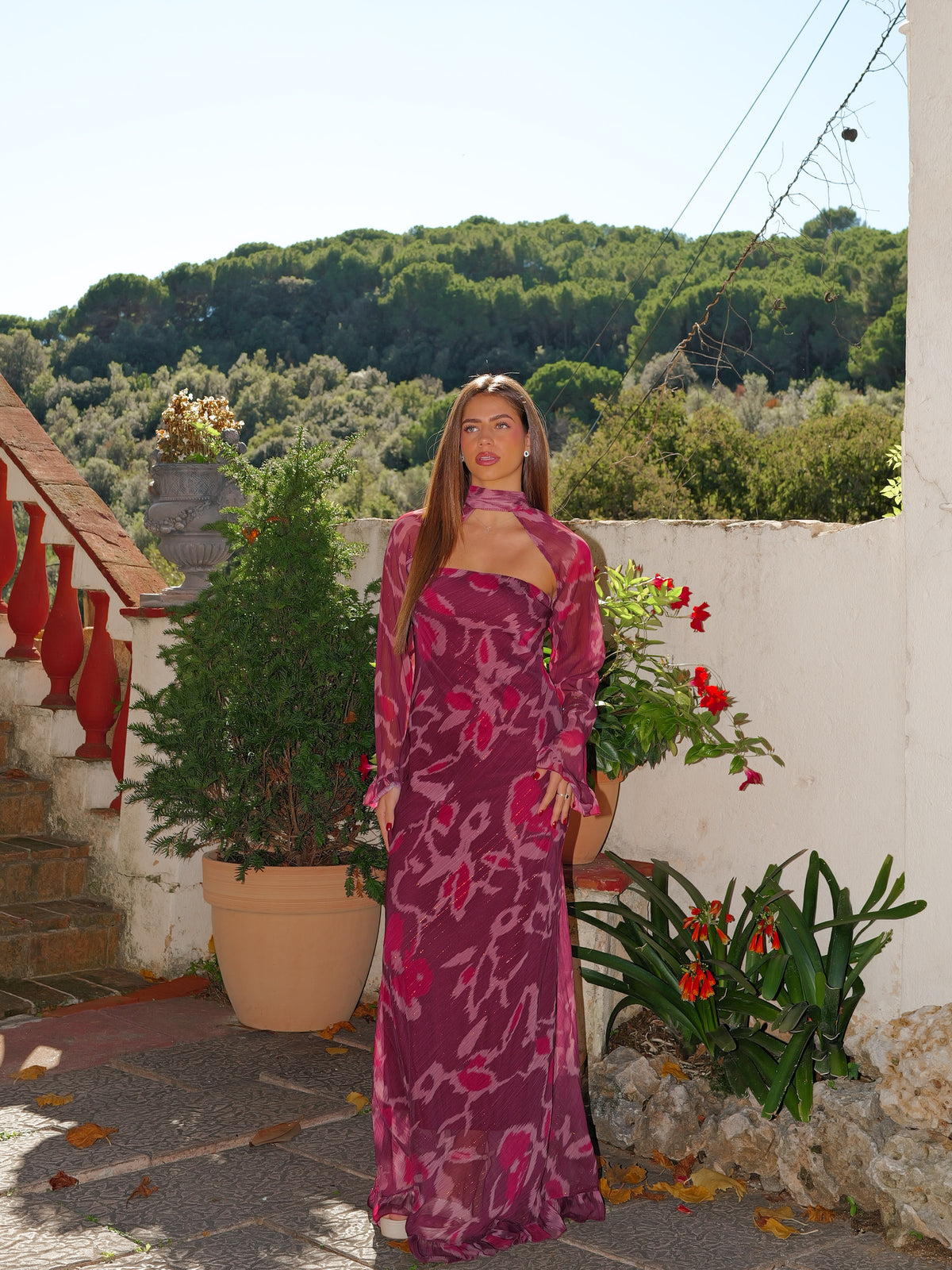 Vestido largo palabra chal manga burdeos