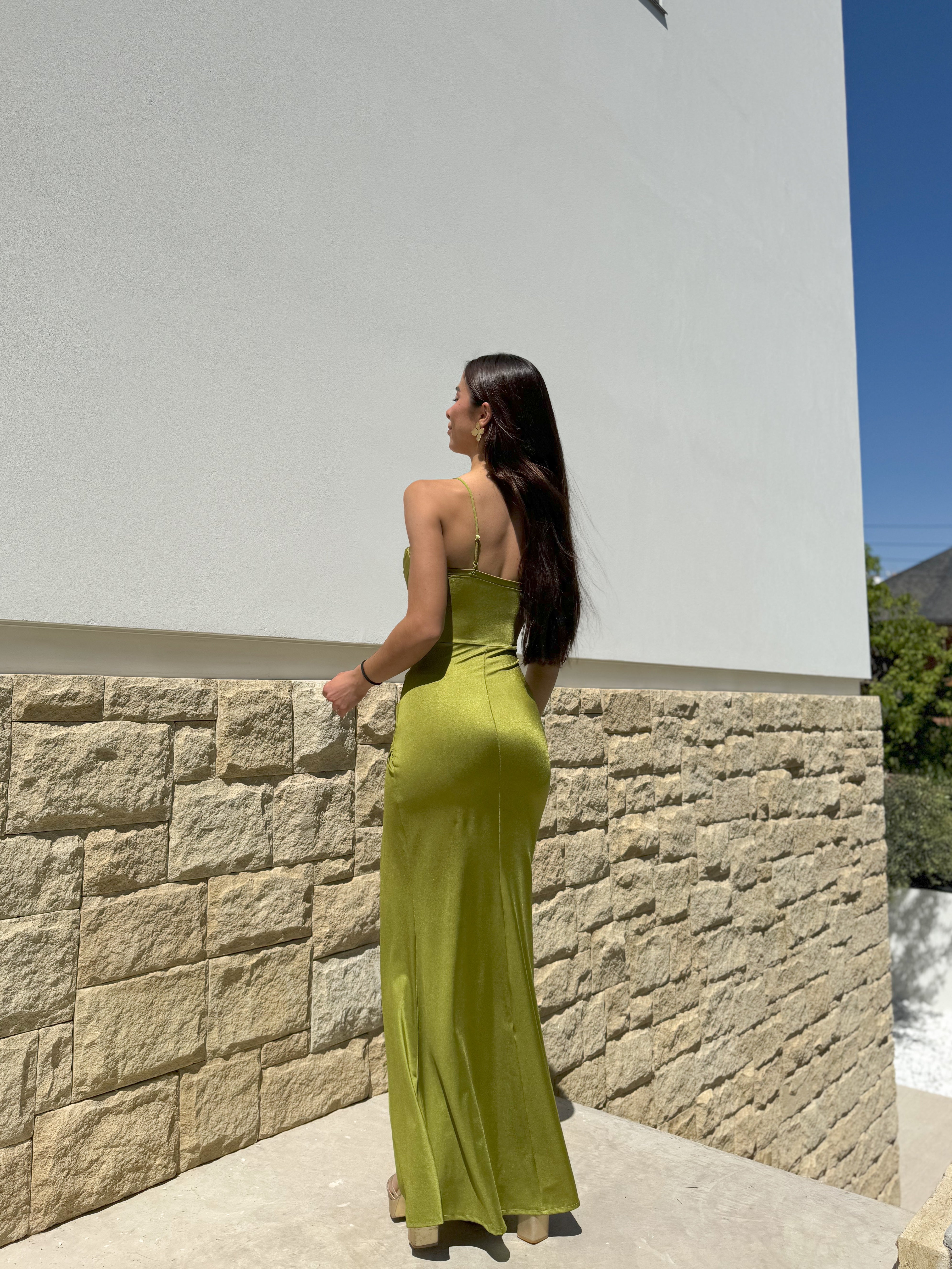 Olive satin corset dress