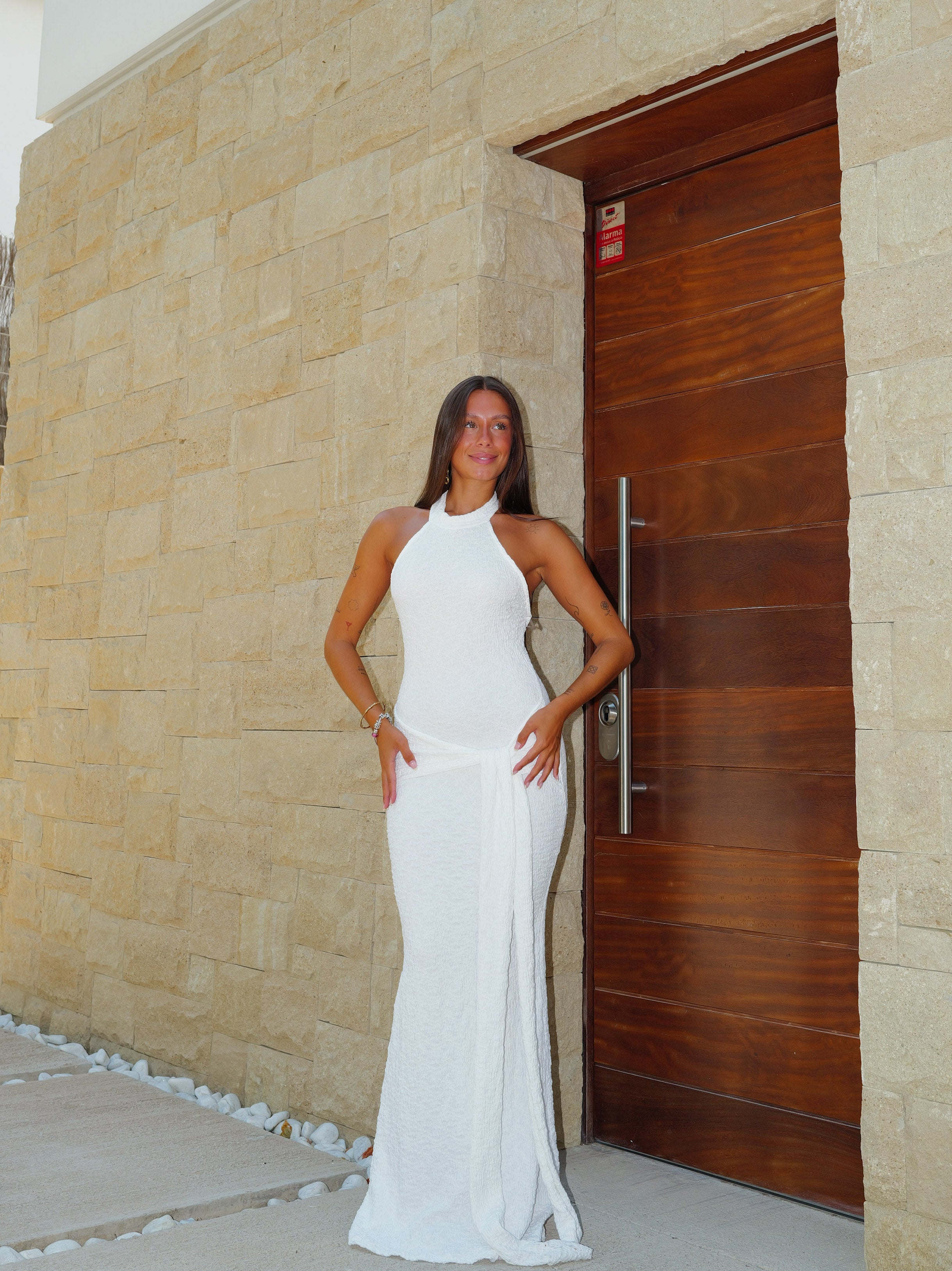 Vestido halter textura nudo blanco
