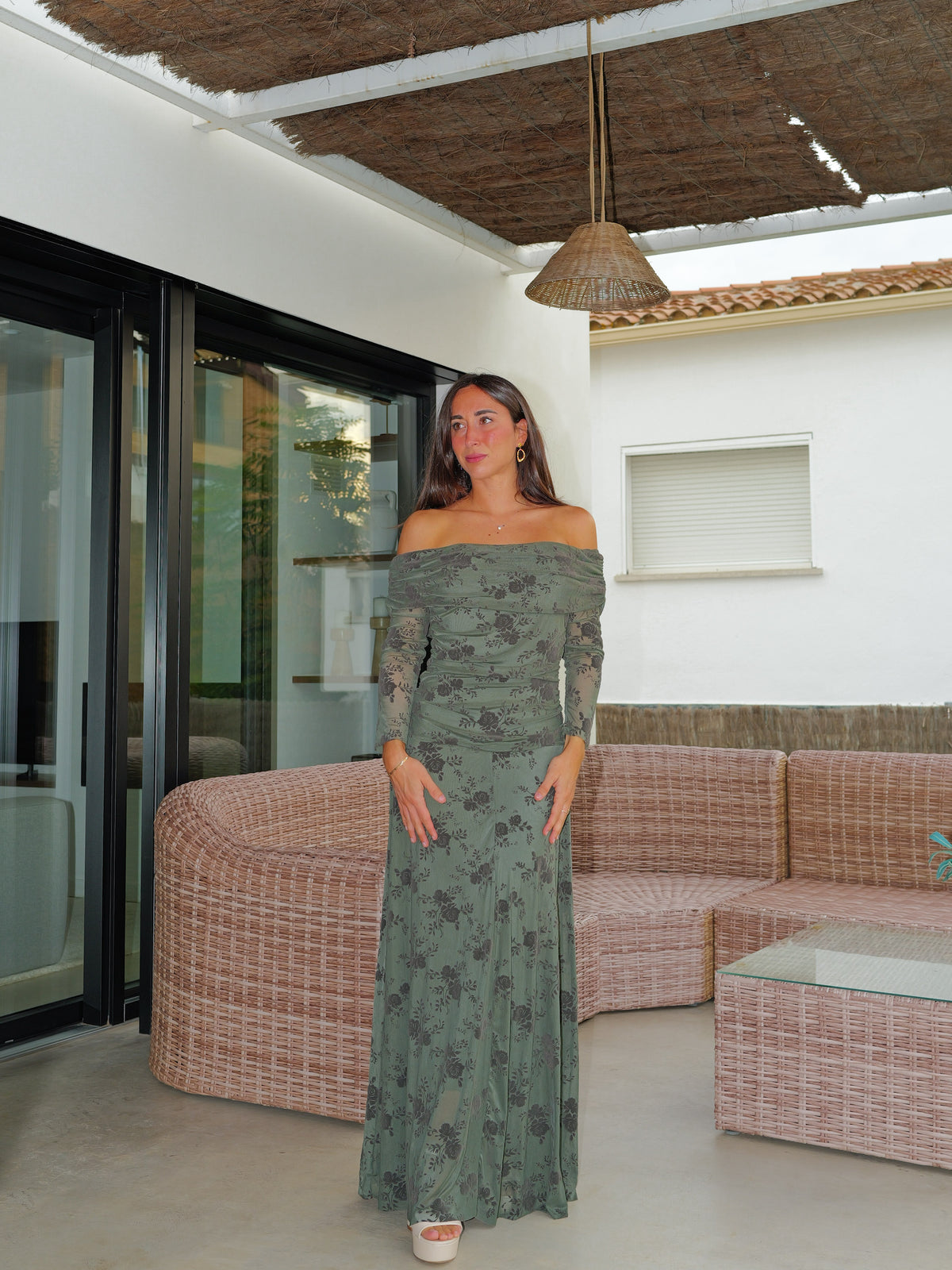 Vestido largo tulle estampado velvet oliva