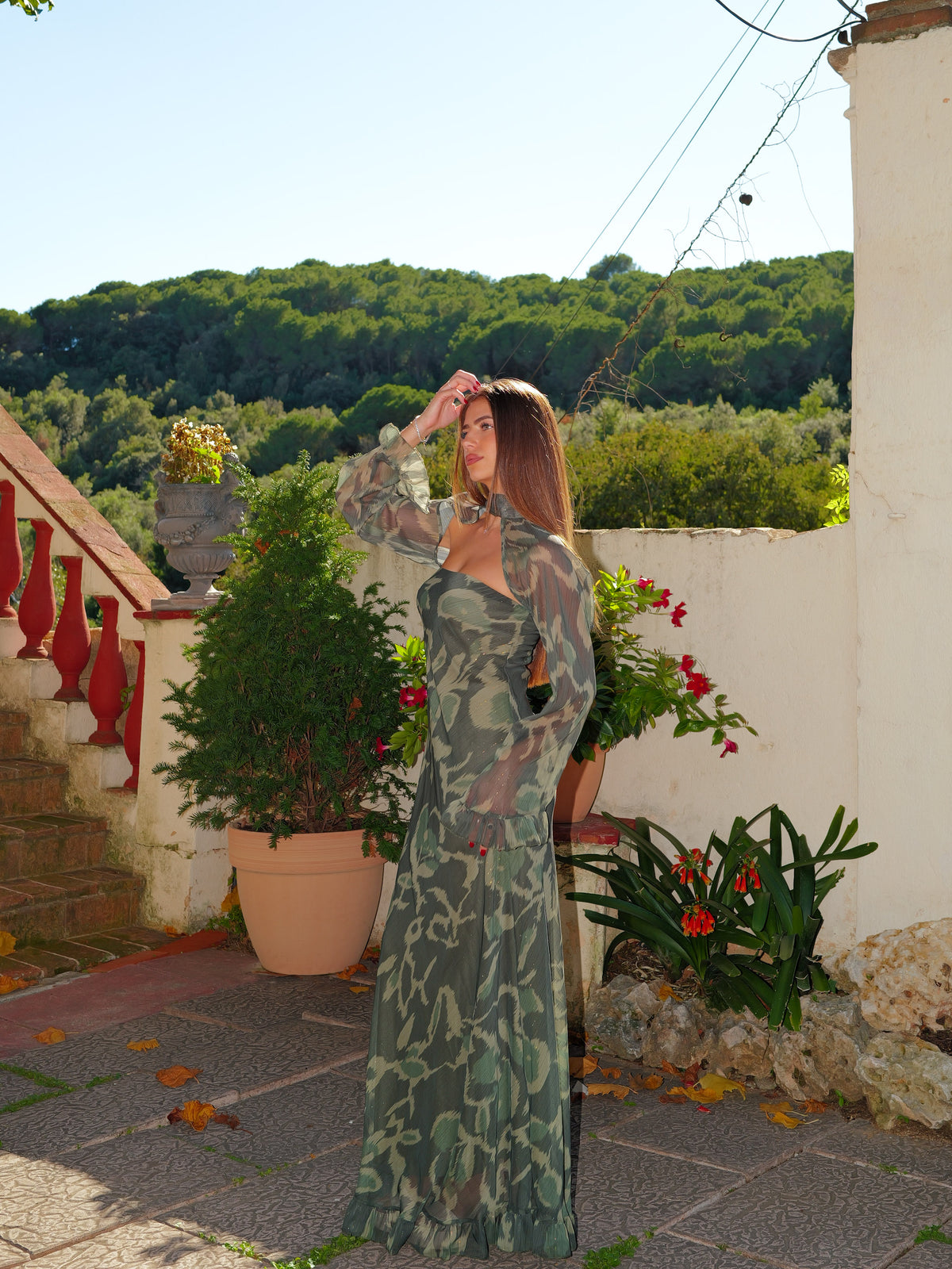 Vestido largo palabra chal manga oliva