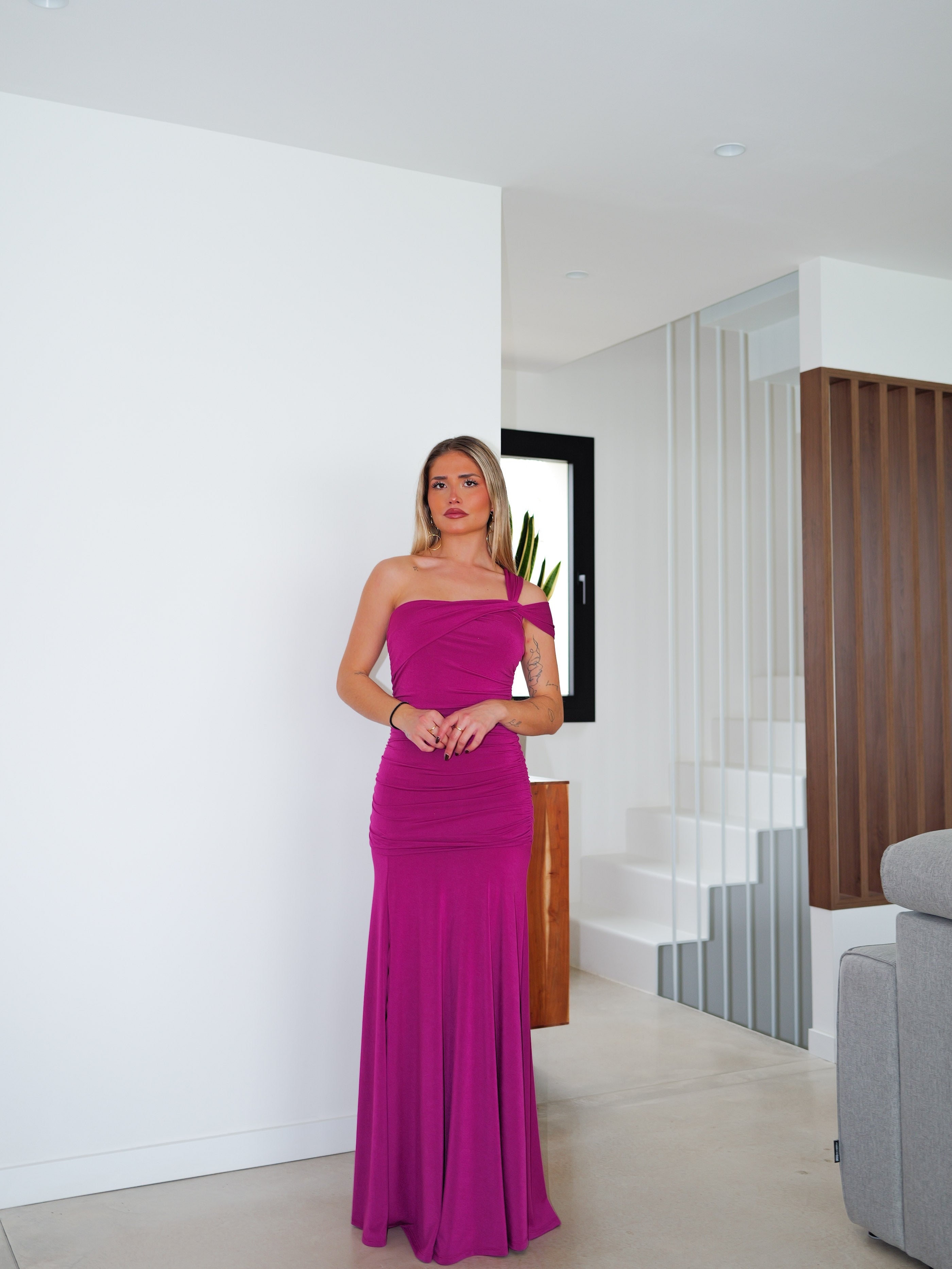 Asym dress with knotted straps BOUGAINVILLEA