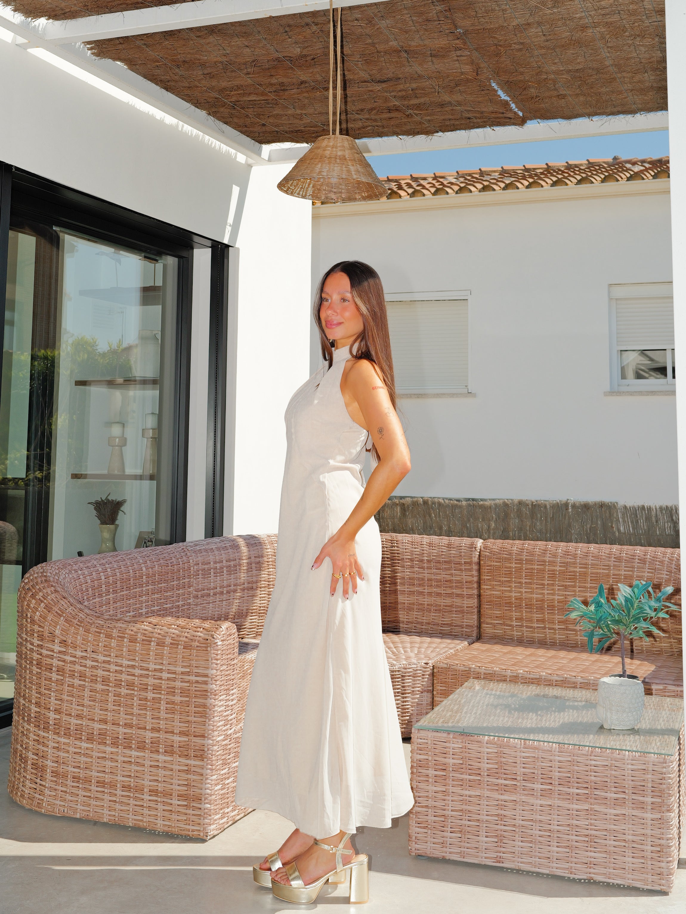 Beige halter-neck wrap midi dress