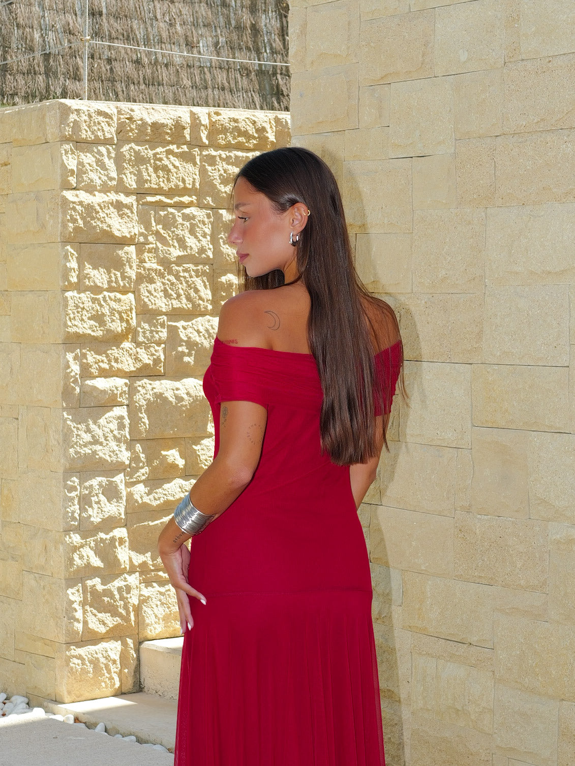 Abito midi svasato in tulle color vino