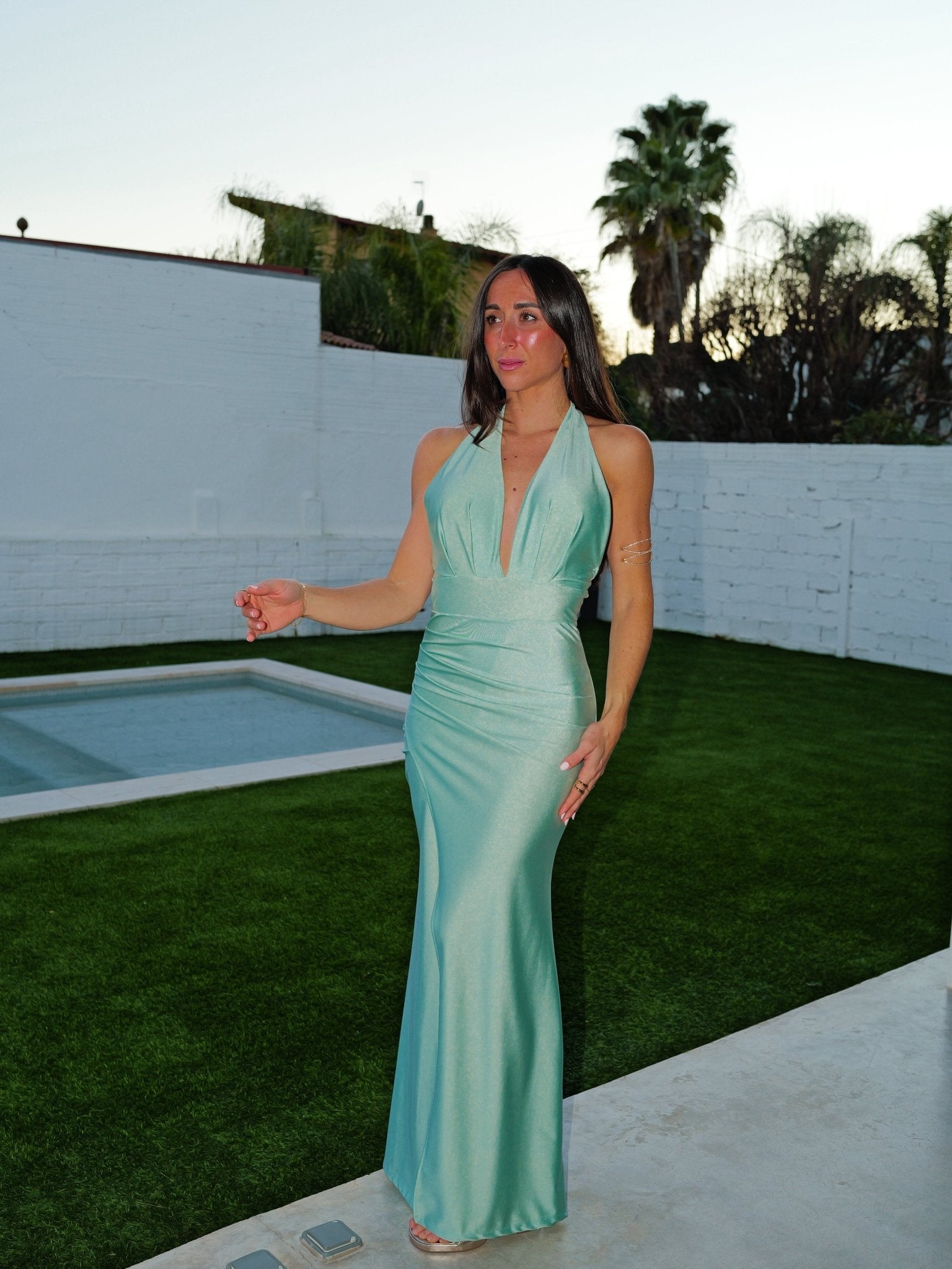 Abito con scollo a V e fiocco drappeggiato color menta - SORELLAS