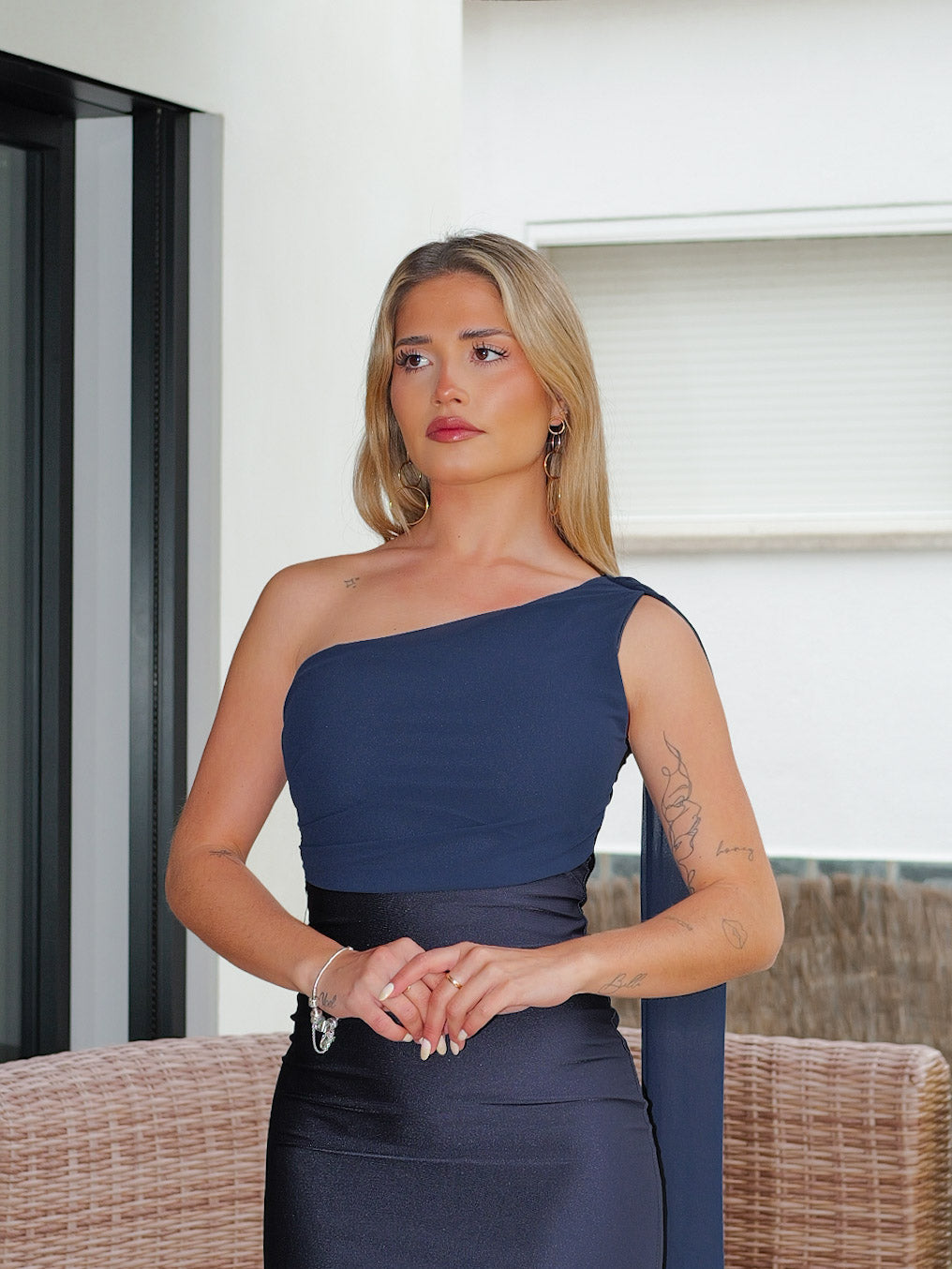 Navy georgette asymmetrical choker dress