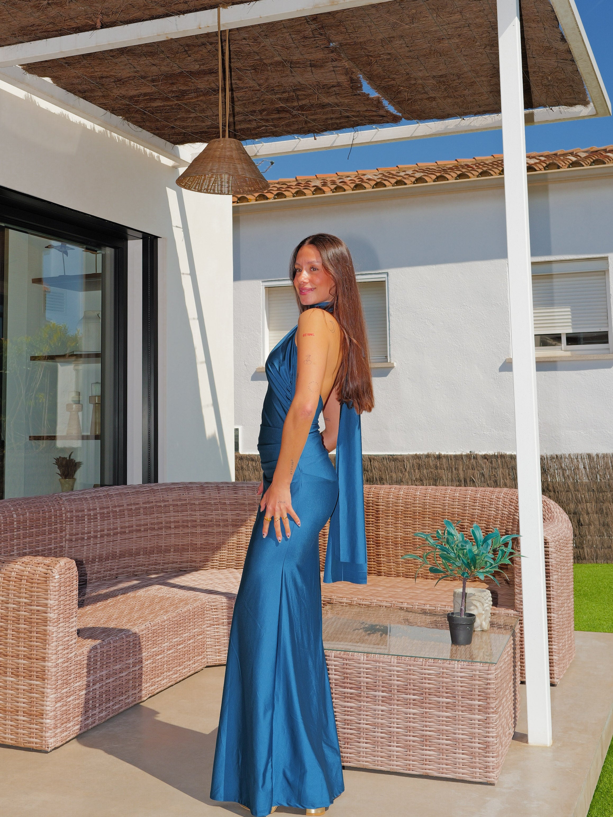 Vestido halter fruncido espalda petroleo