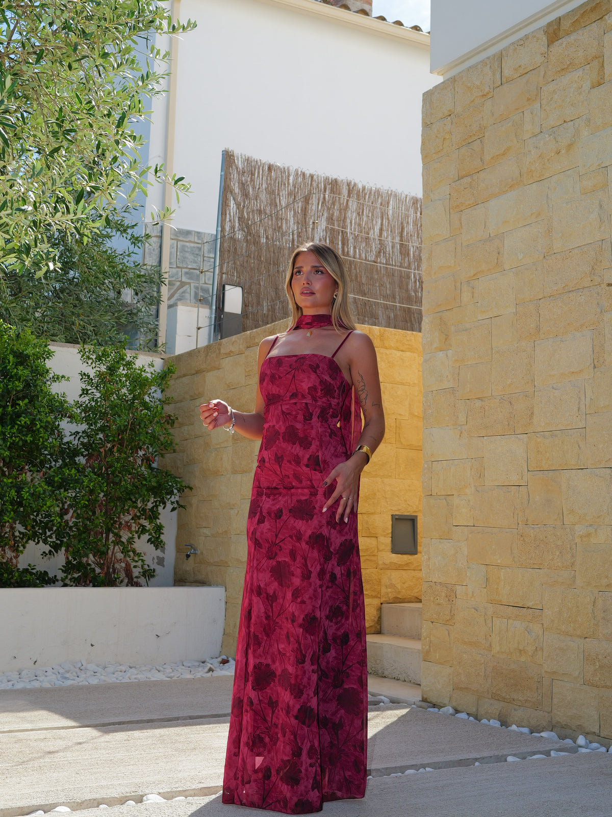 Burgundy-print georgette dress
