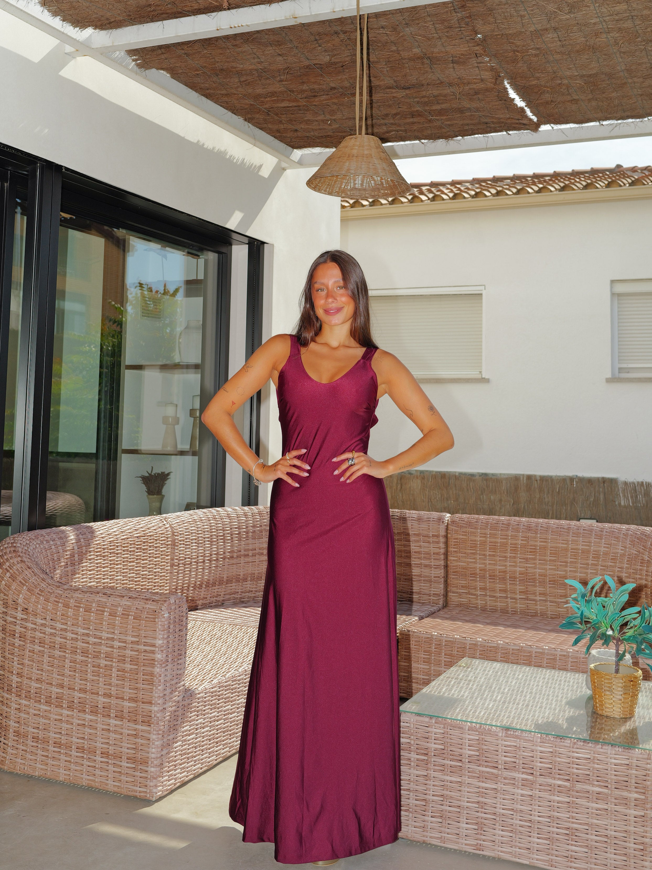 Burgundy cross-back flared dress