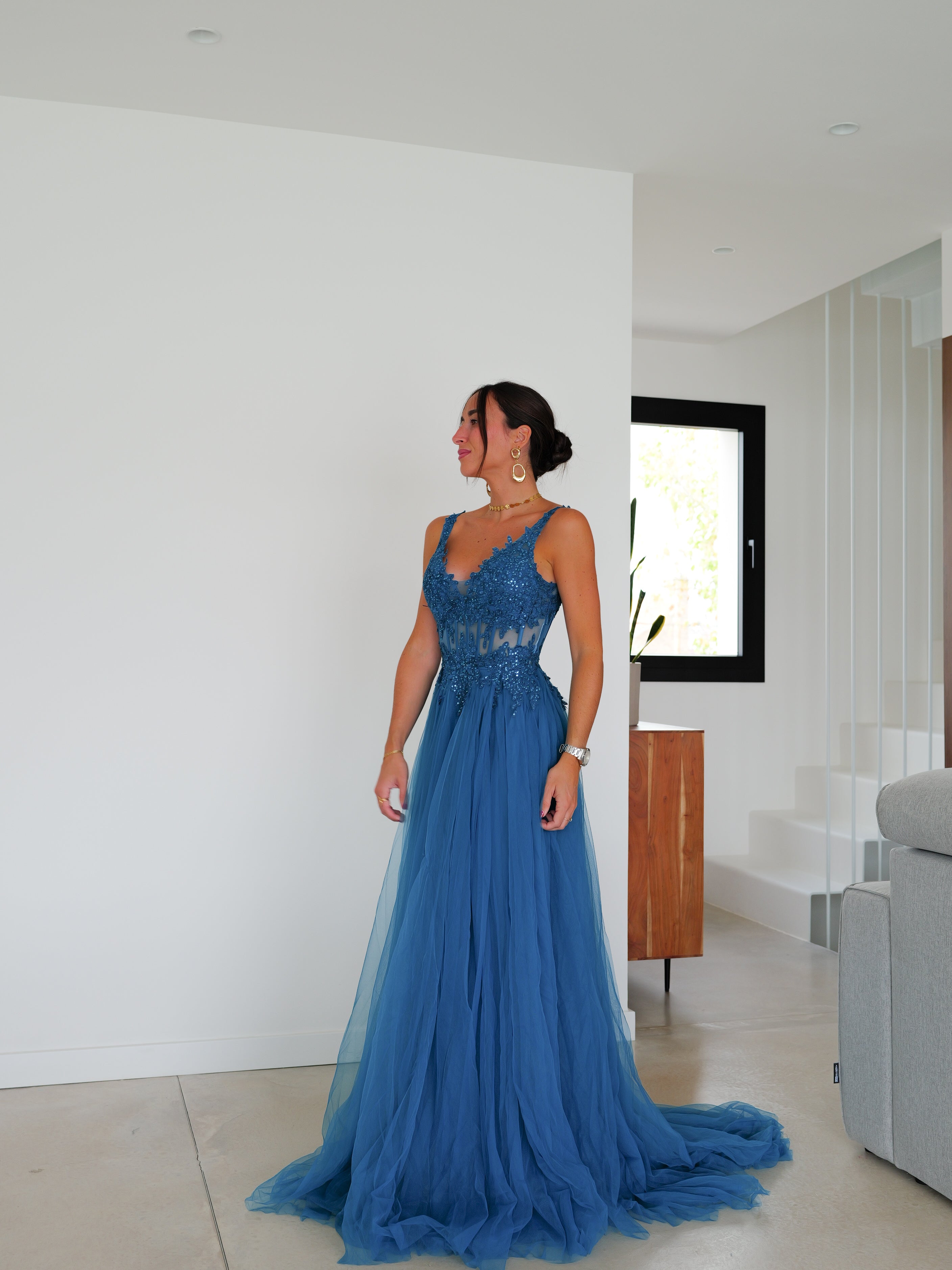 Vestido corsé pico tulle petroleo