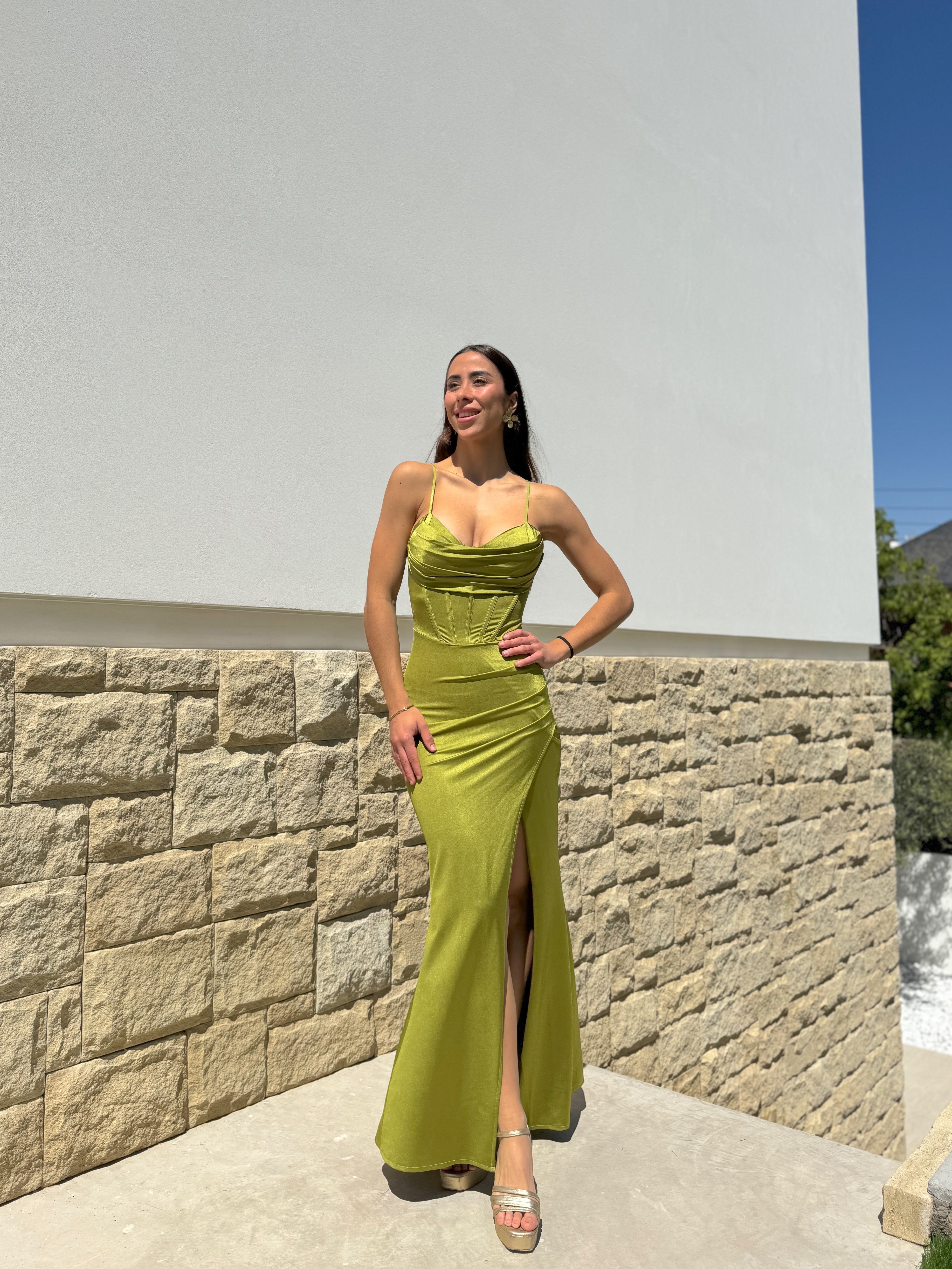 Olive satin corset dress