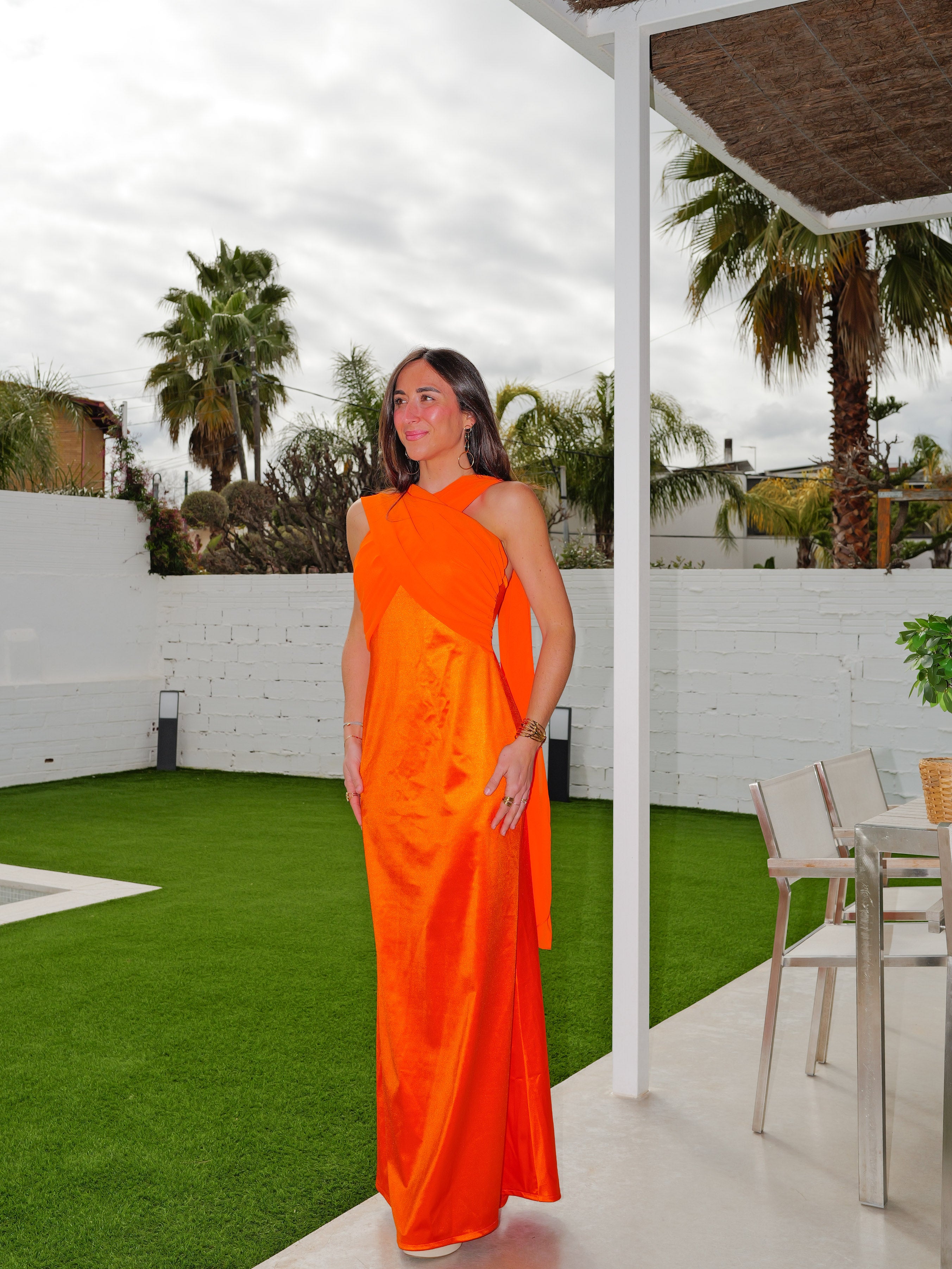Vestido banda cruzado tulle naranja