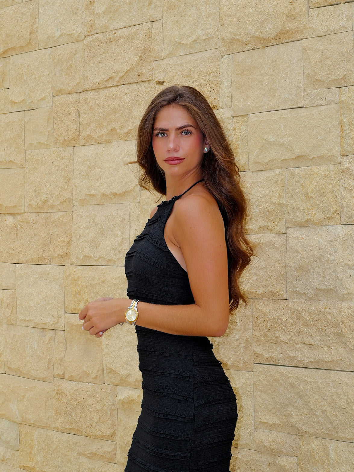 Vestido halter midi volantes negro