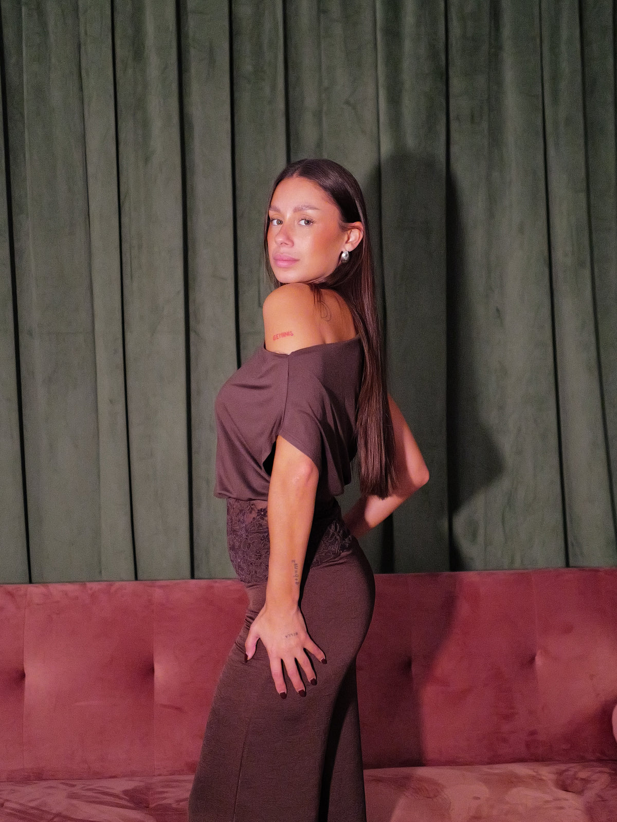 Chocolate-colored asymmetrical lace-waist top