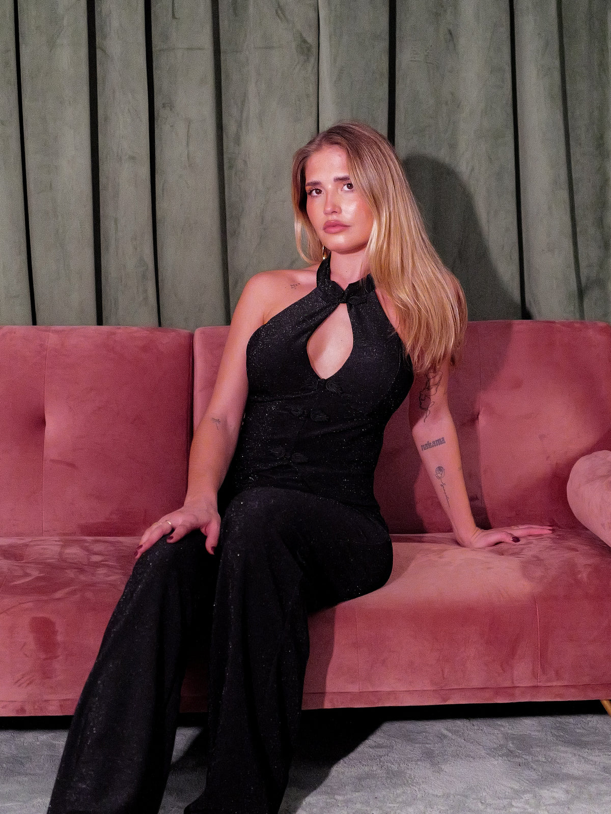 Black halter-neck lurex top