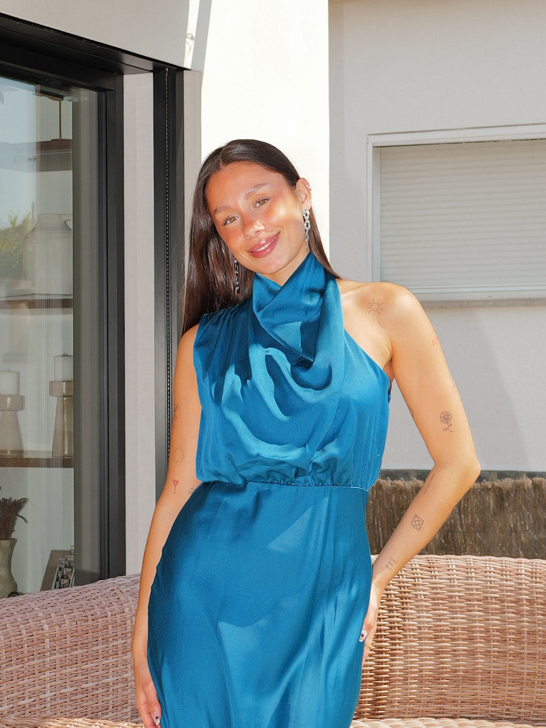 TEAL Asymmetrical Halter-Neck Long Satin Dress TEAL Asymmetrical Halter-Neck Long Satin Dress