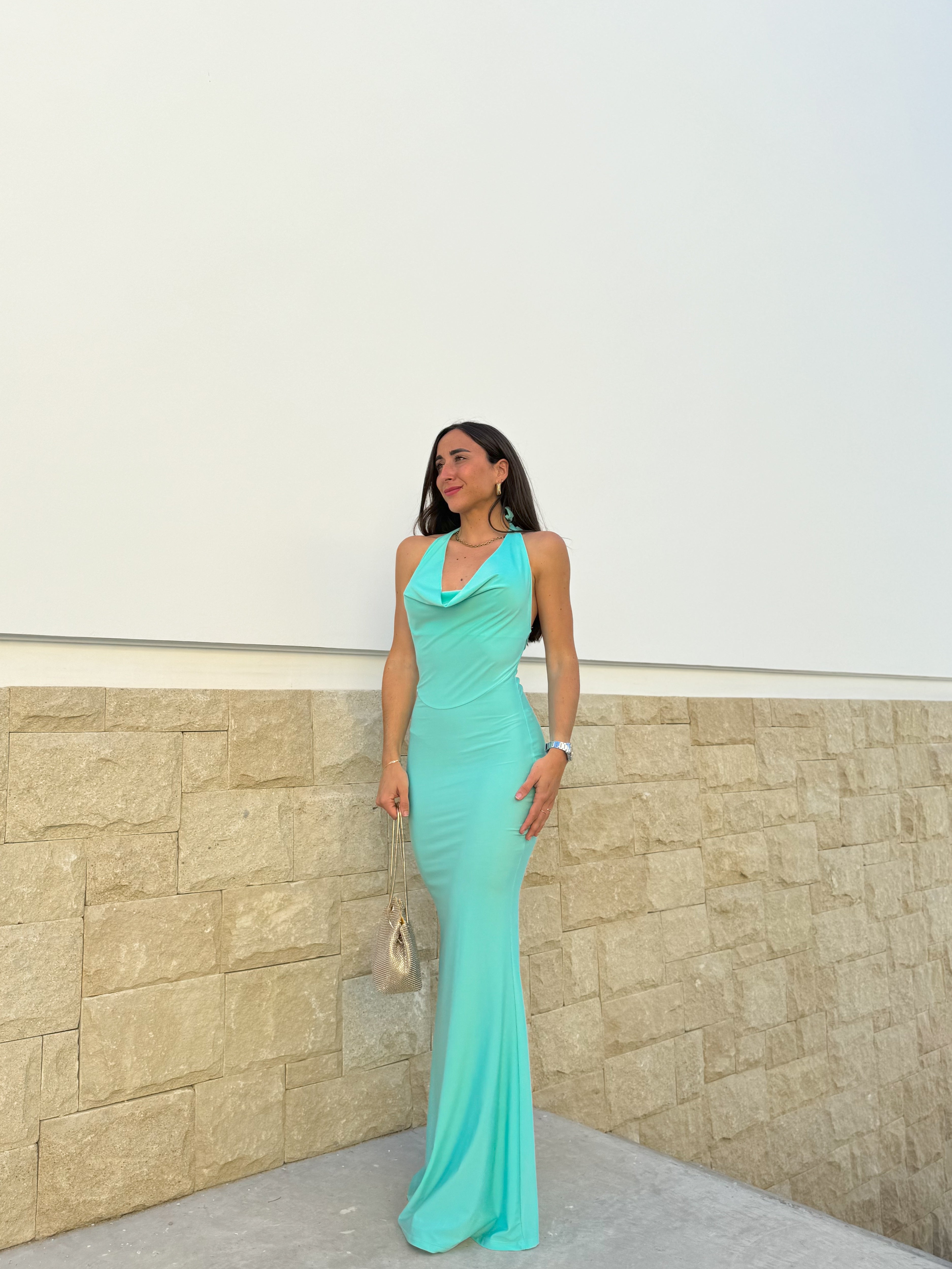 Abito lungo a cascata turchese