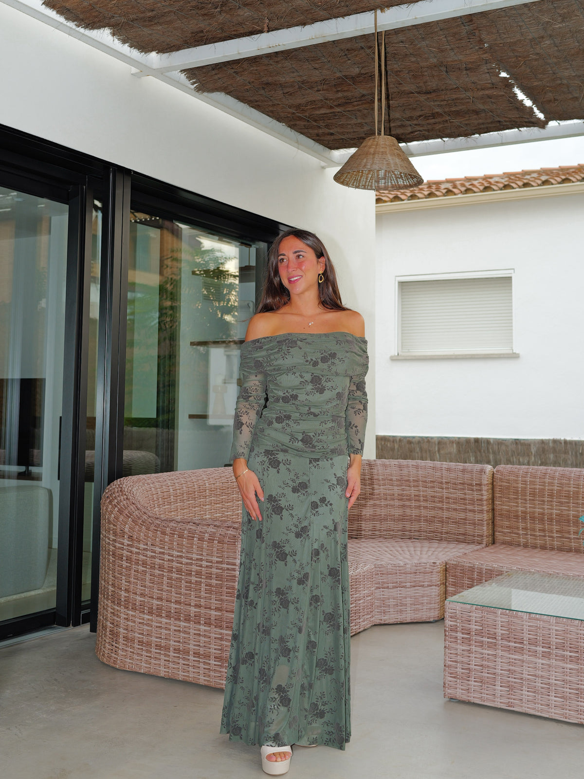Vestido largo tulle estampado velvet oliva