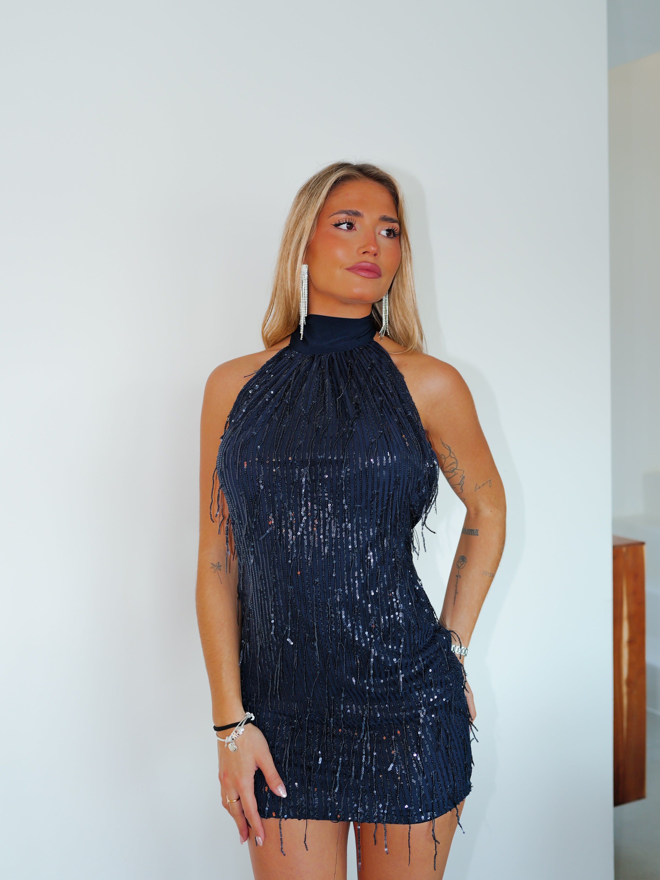 Vestido mini glitter flecos marino