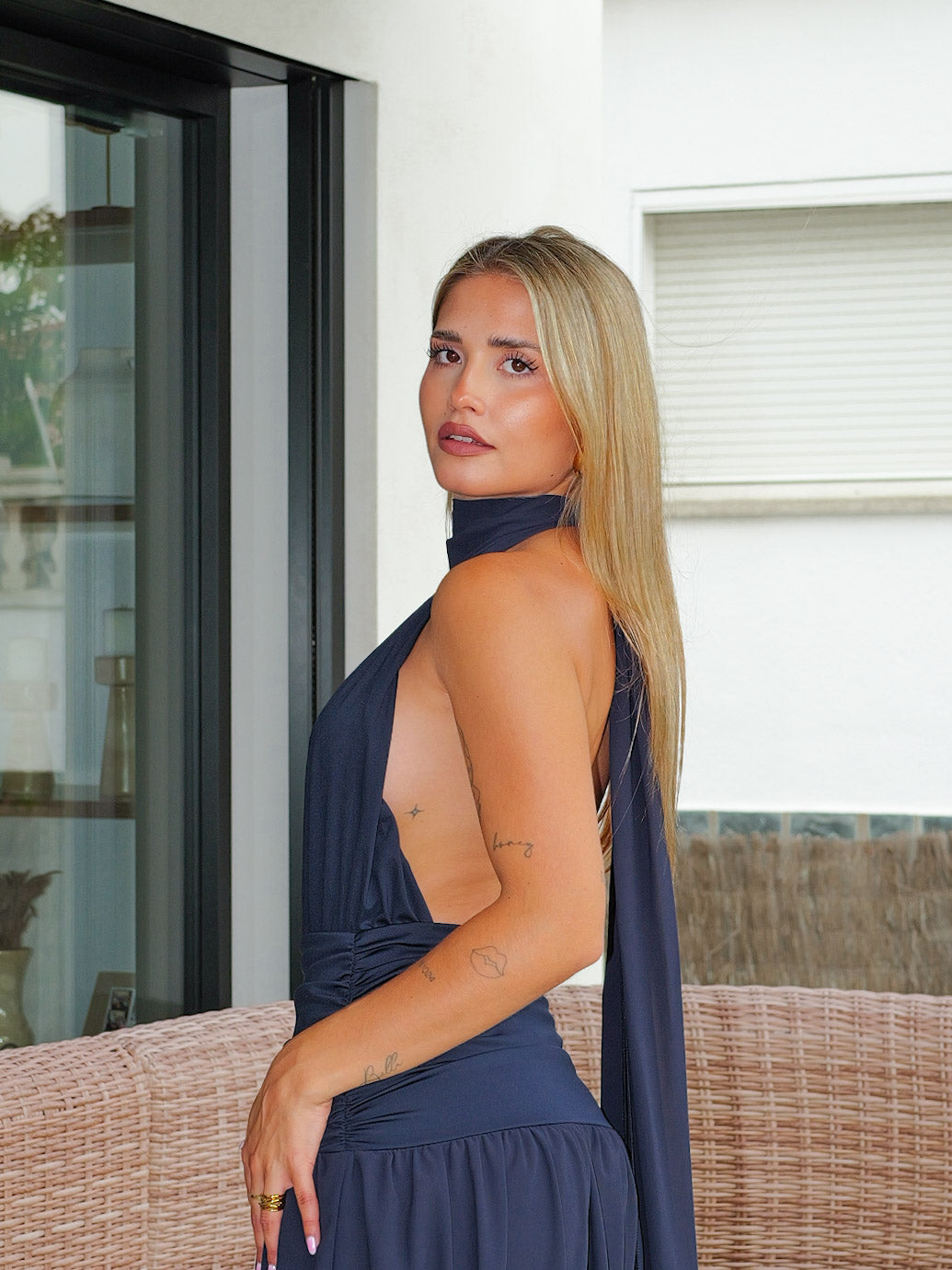 Vestido largo falda georgette marino