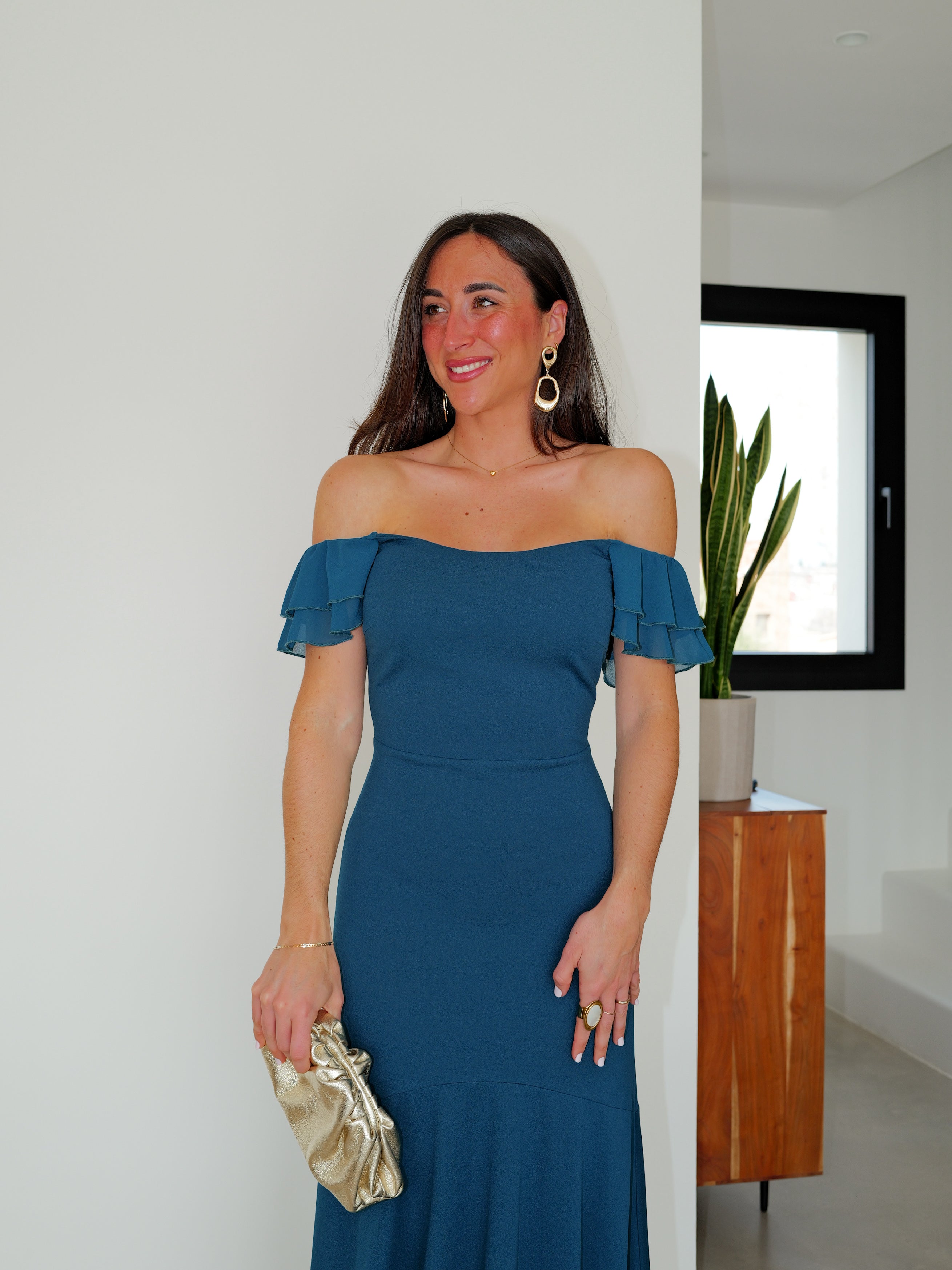 Vestido bardot tulle petróleo