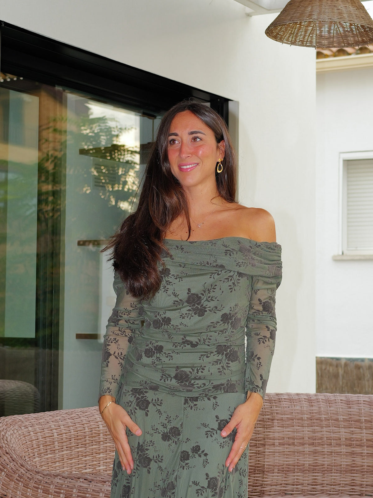 Vestido largo tulle estampado velvet oliva