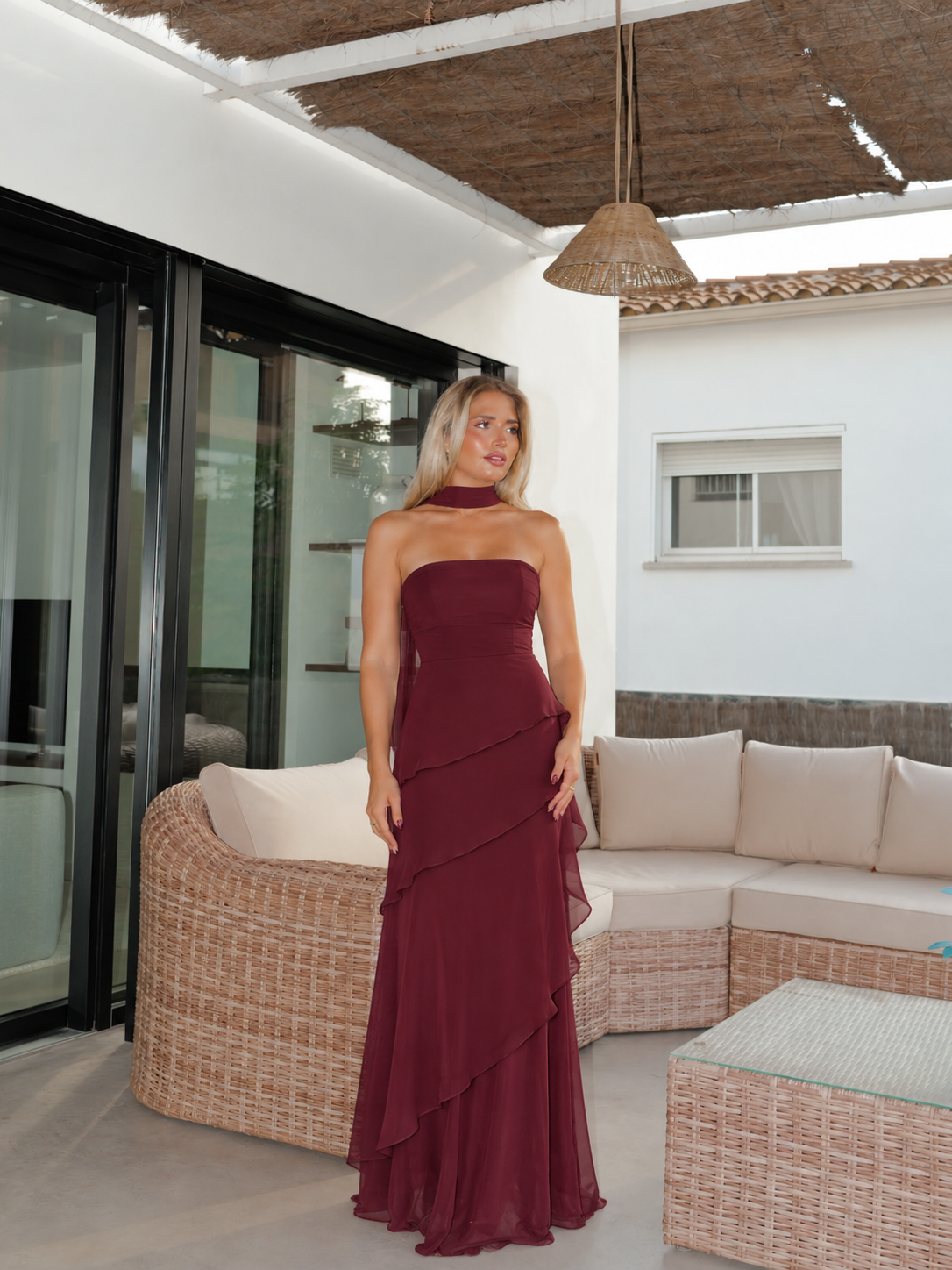 Vestido palabra volantes gasa burdeos