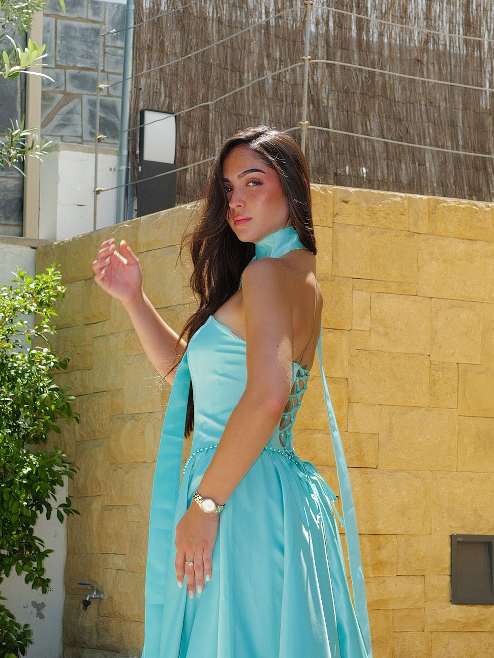 Vestido largo cintura perlas turquesa