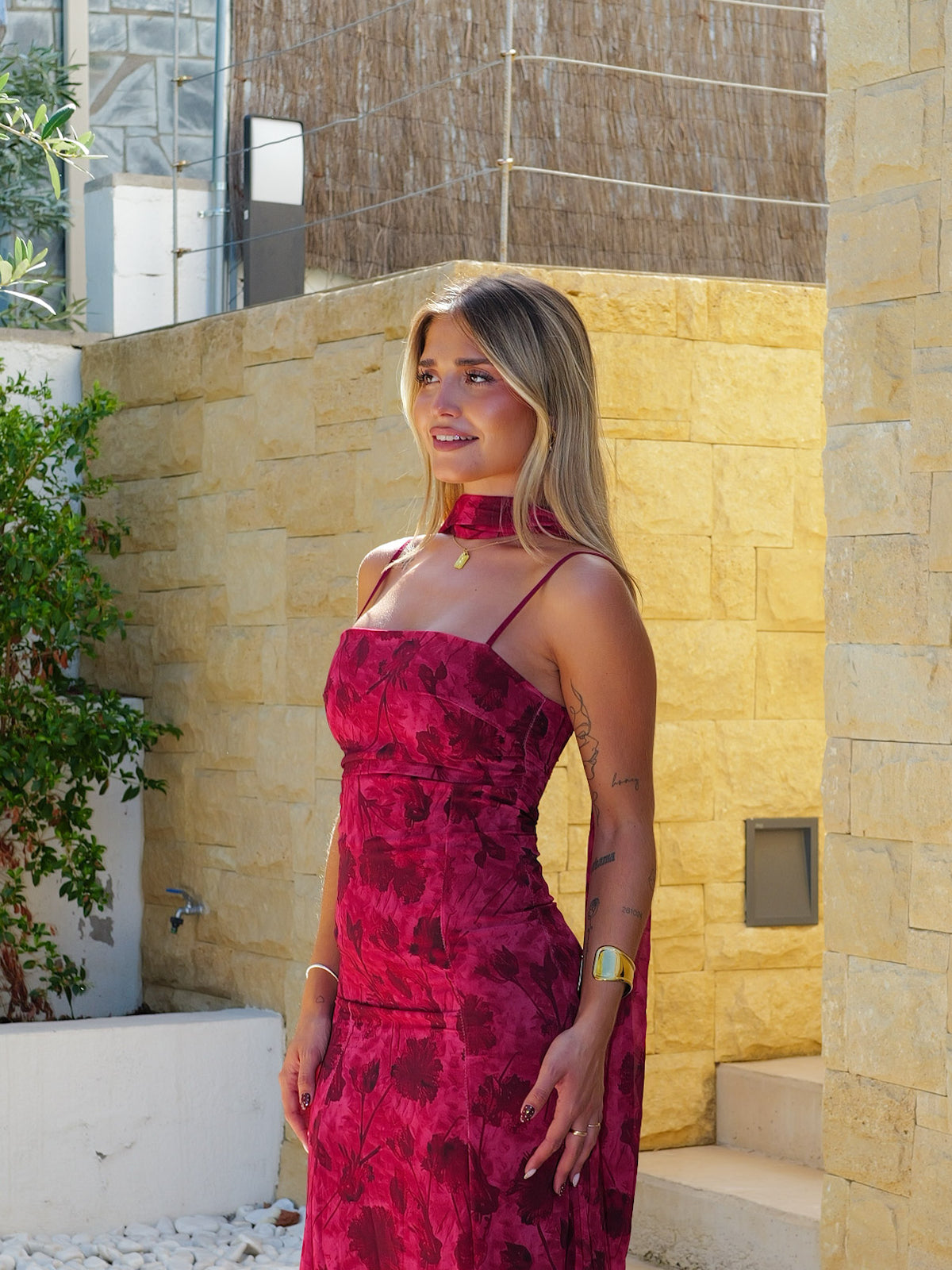 Burgundy-print georgette dress