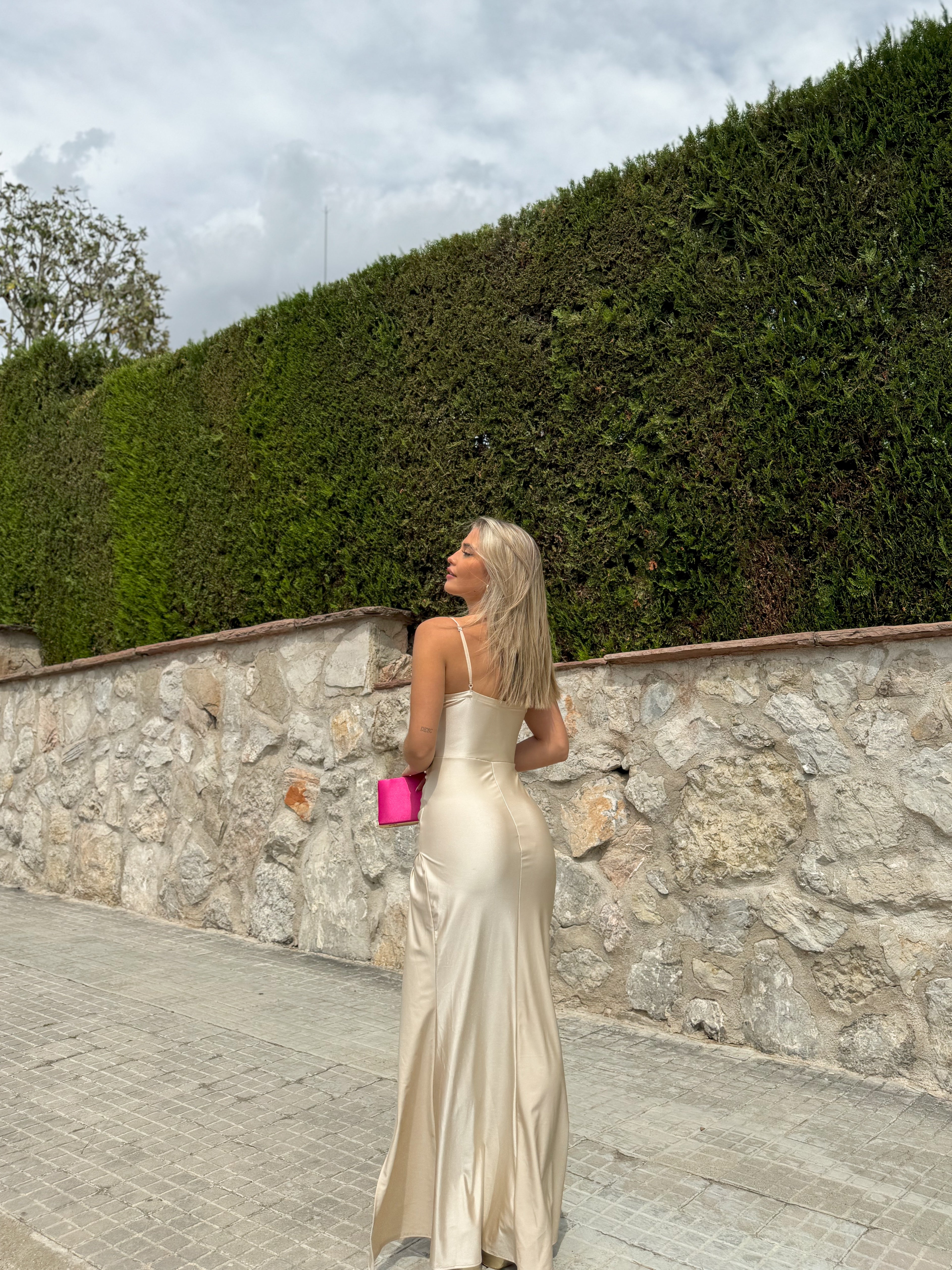 Vestido largo corse satinado beige