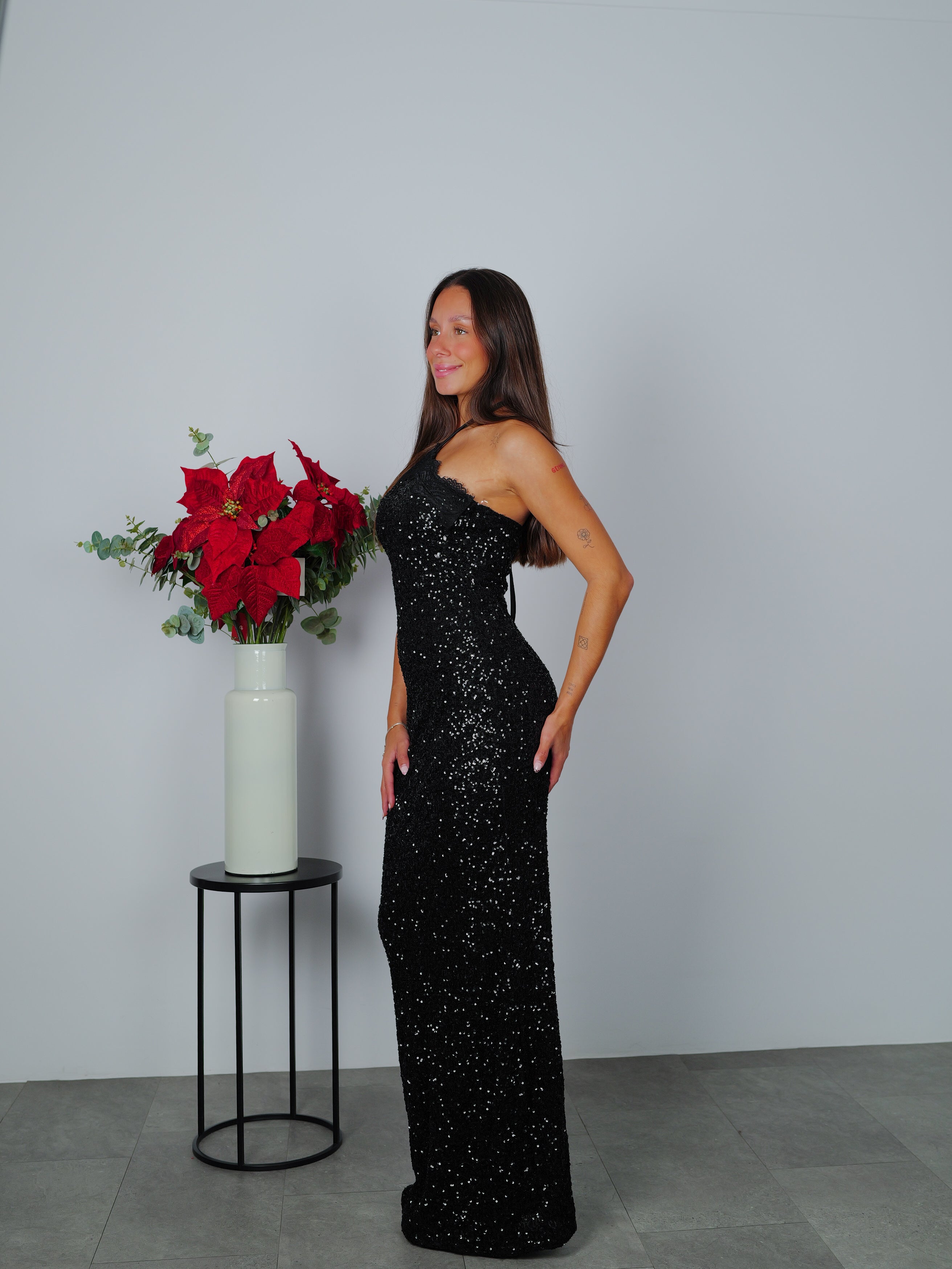 Vestido glitter largo halter negro