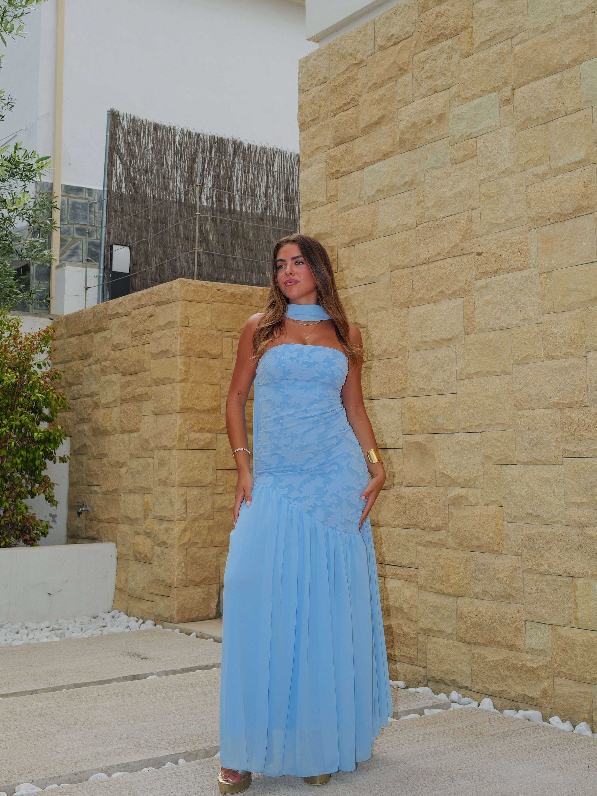 Vestido palabra asim textura celeste