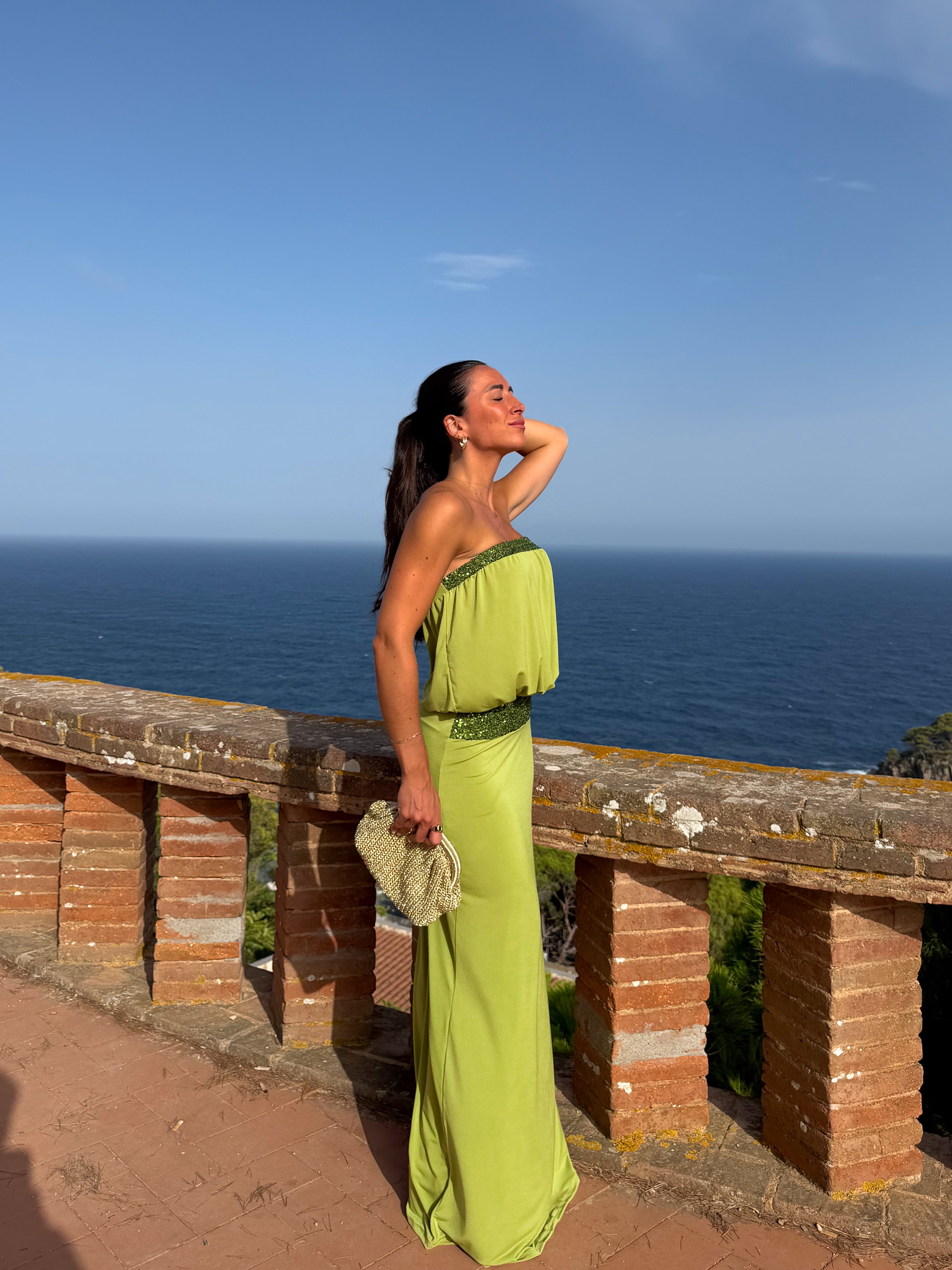 PREVENDITA - Abito lungo con scritte glitterate color oliva