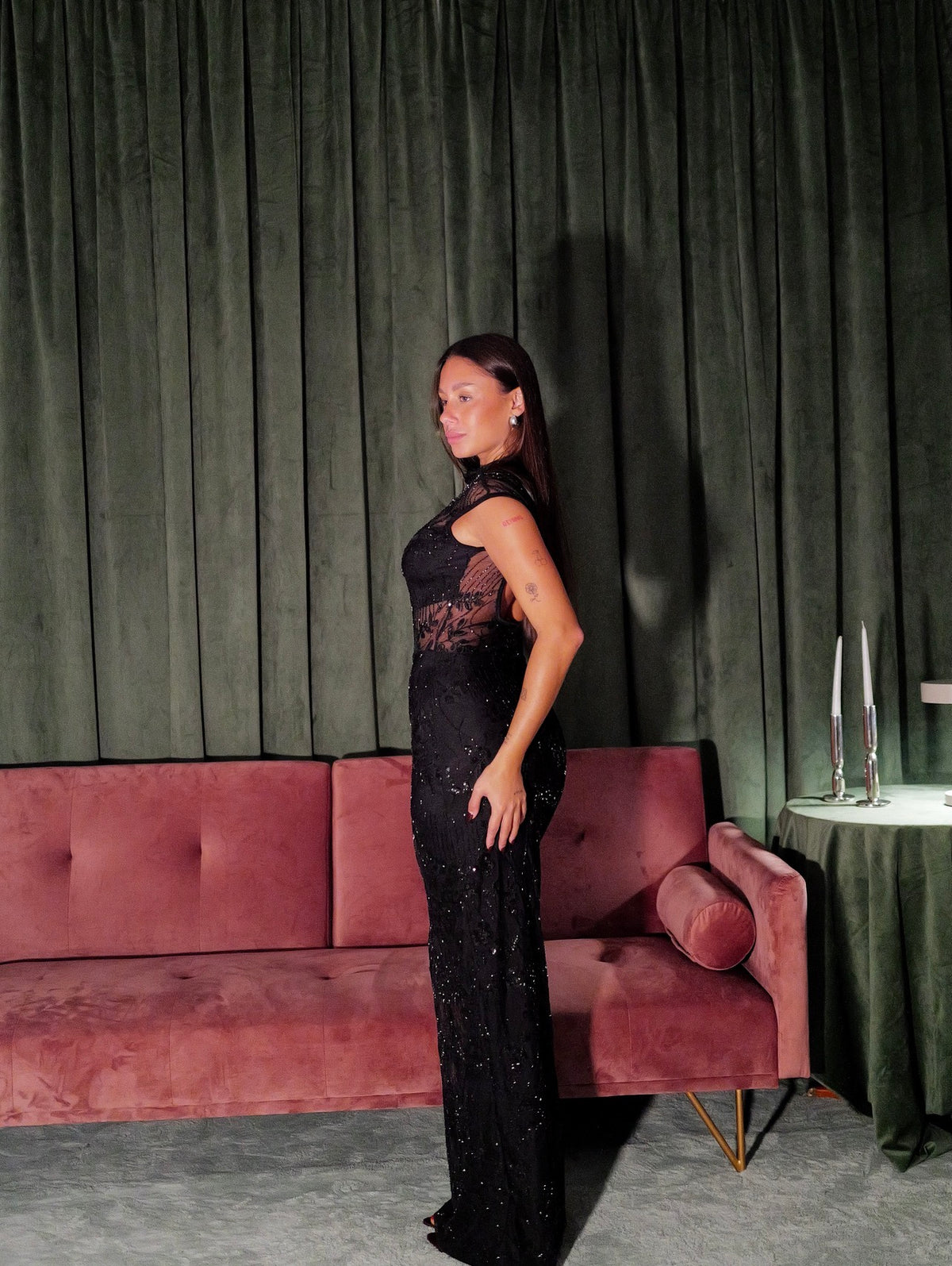Black Long Glitter Dress with Perkins Neckline