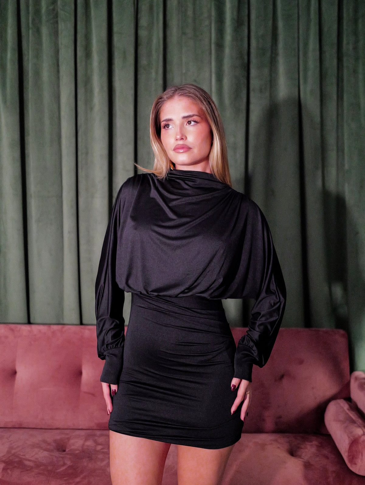 Black mini dress with gathered shoulders