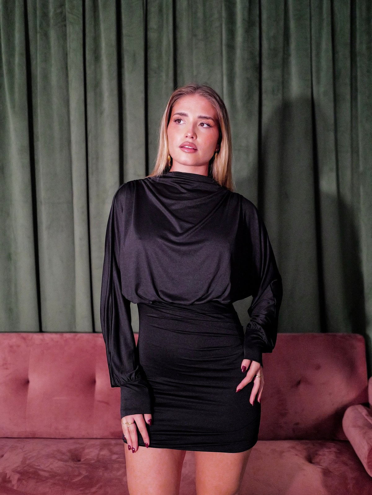 Black mini dress with gathered shoulders