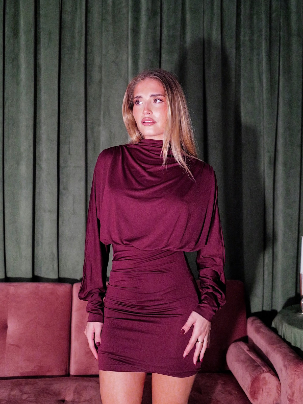 Burgundy mini dress with gathered shoulders